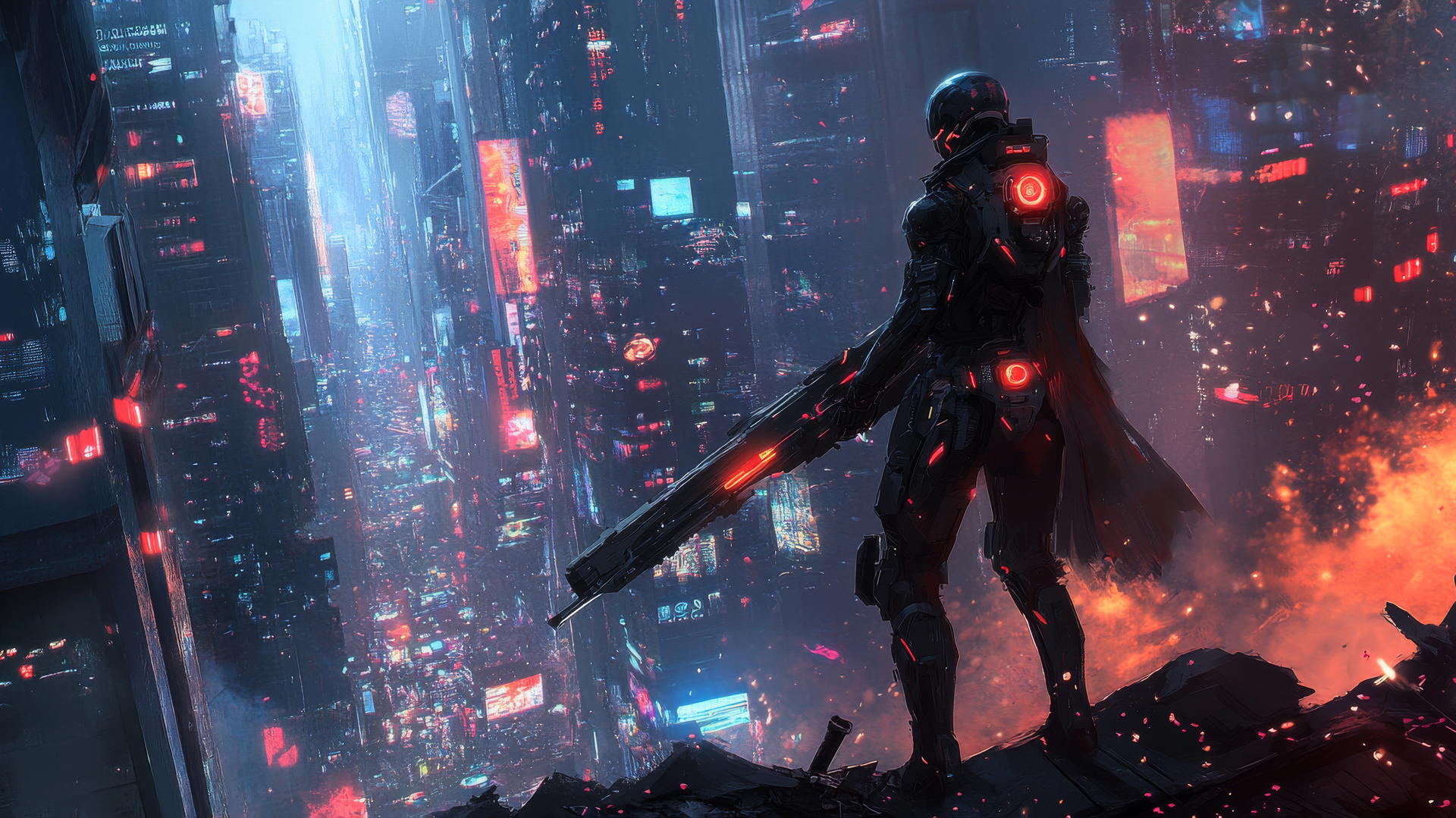 A cybernetic warrior with futuristic weapon in a ruined city, glowing circuits, cool wallpapers for boys