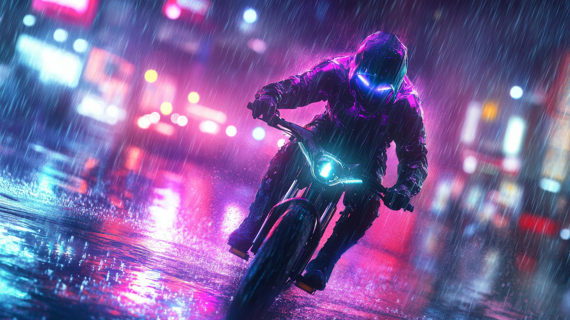 cool wallpapers for boys: boy in neon-lit cyberpunk street with glowing jacket and futuristic bike