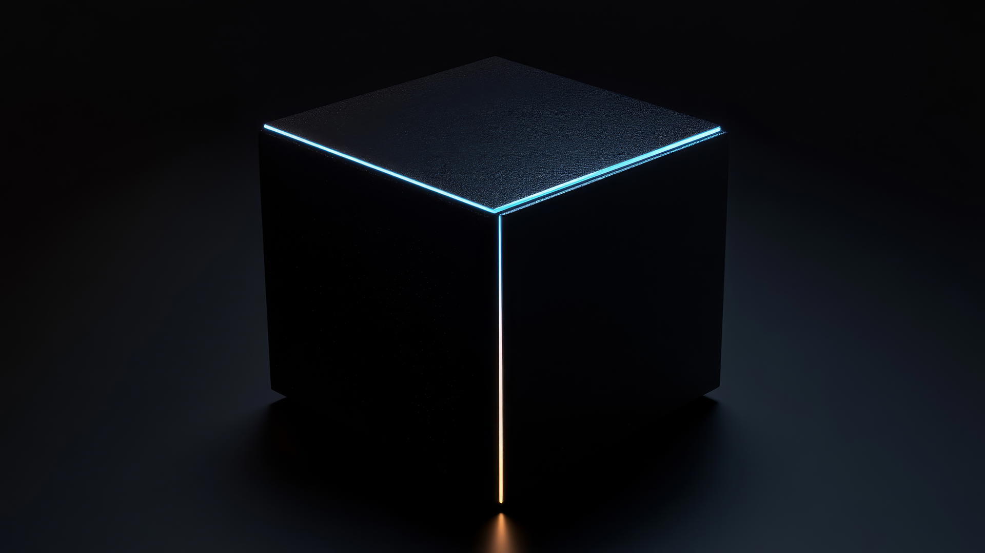 Minimalist glowing black cube with neon edge in pitch-black void