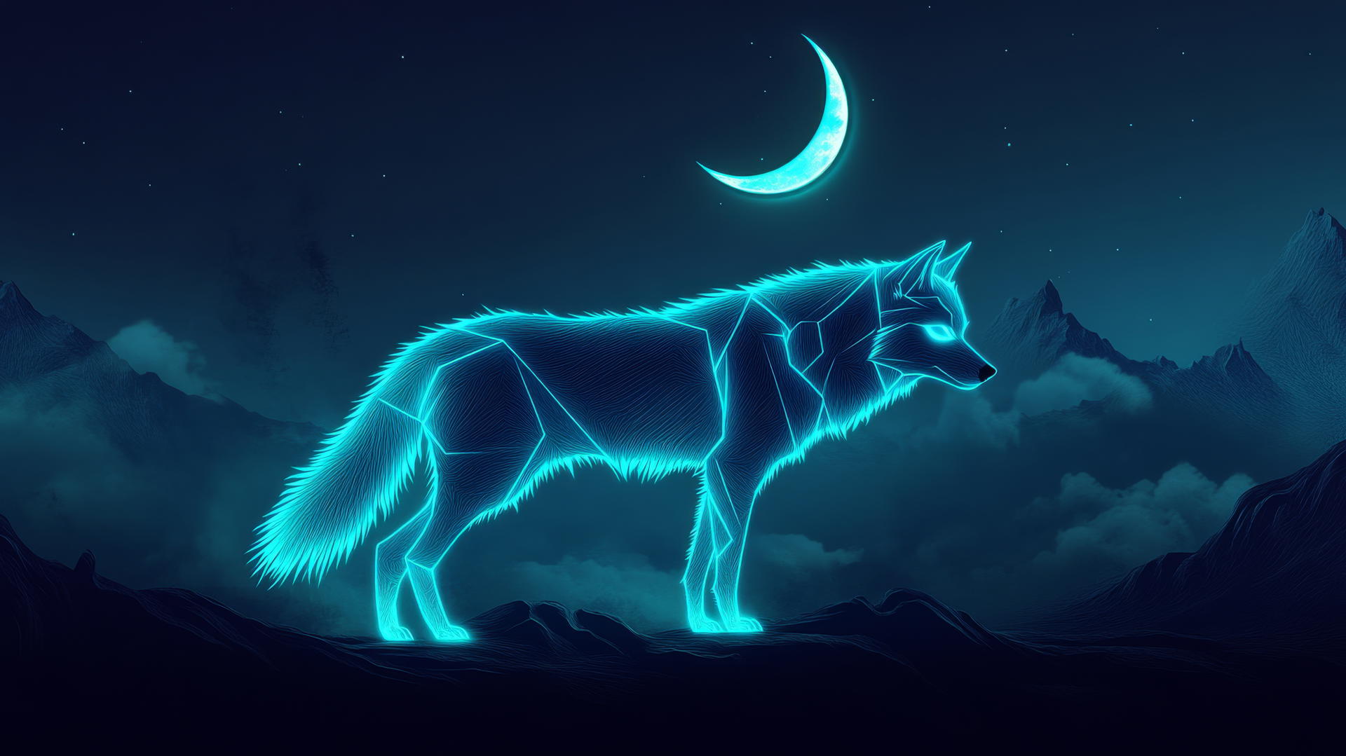 Wolf side profile with glowing outlines, minimalist mountain landscape, crescent moon.