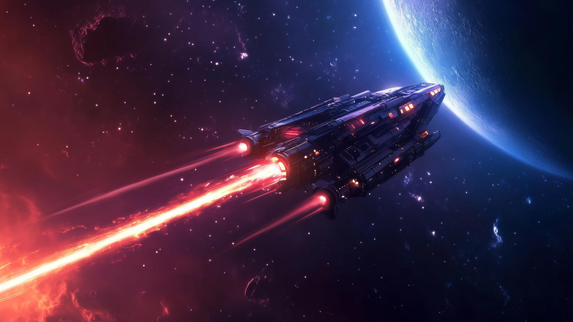 Glowing spaceship flying toward a distant planet with neon light trails