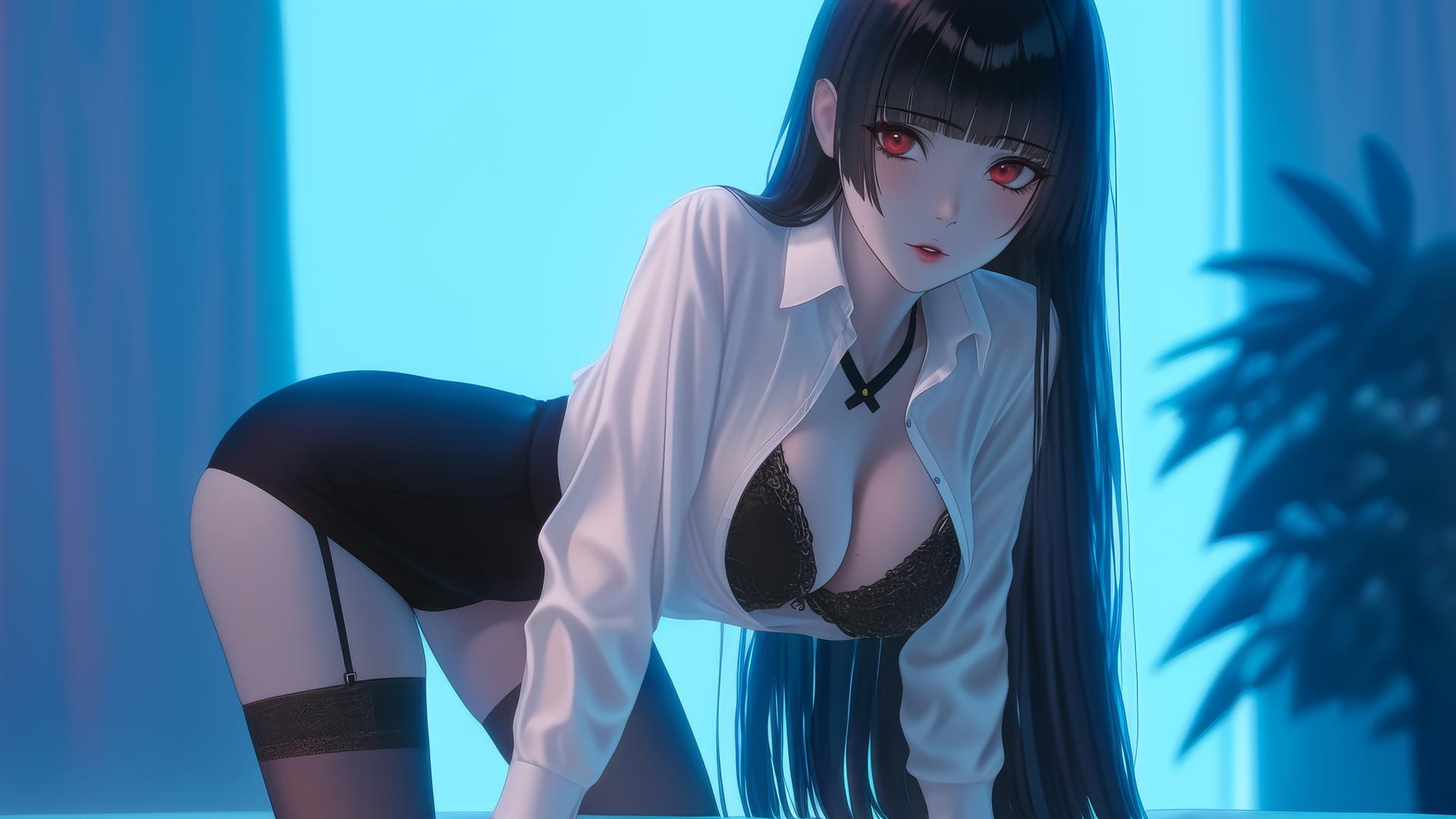 Yumeko Jabami kneeling in a modern hotel room, wearing a white shirt.