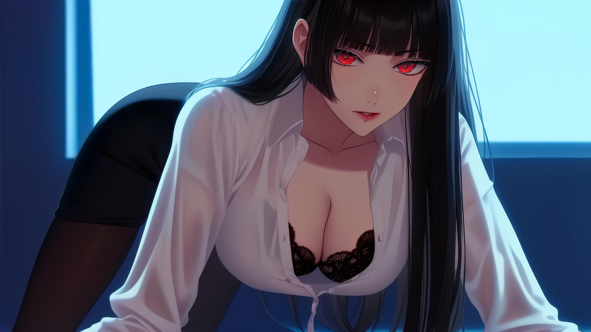 Yumeko Jabami in white shirt kneels with red eyes, hime-cut hair.