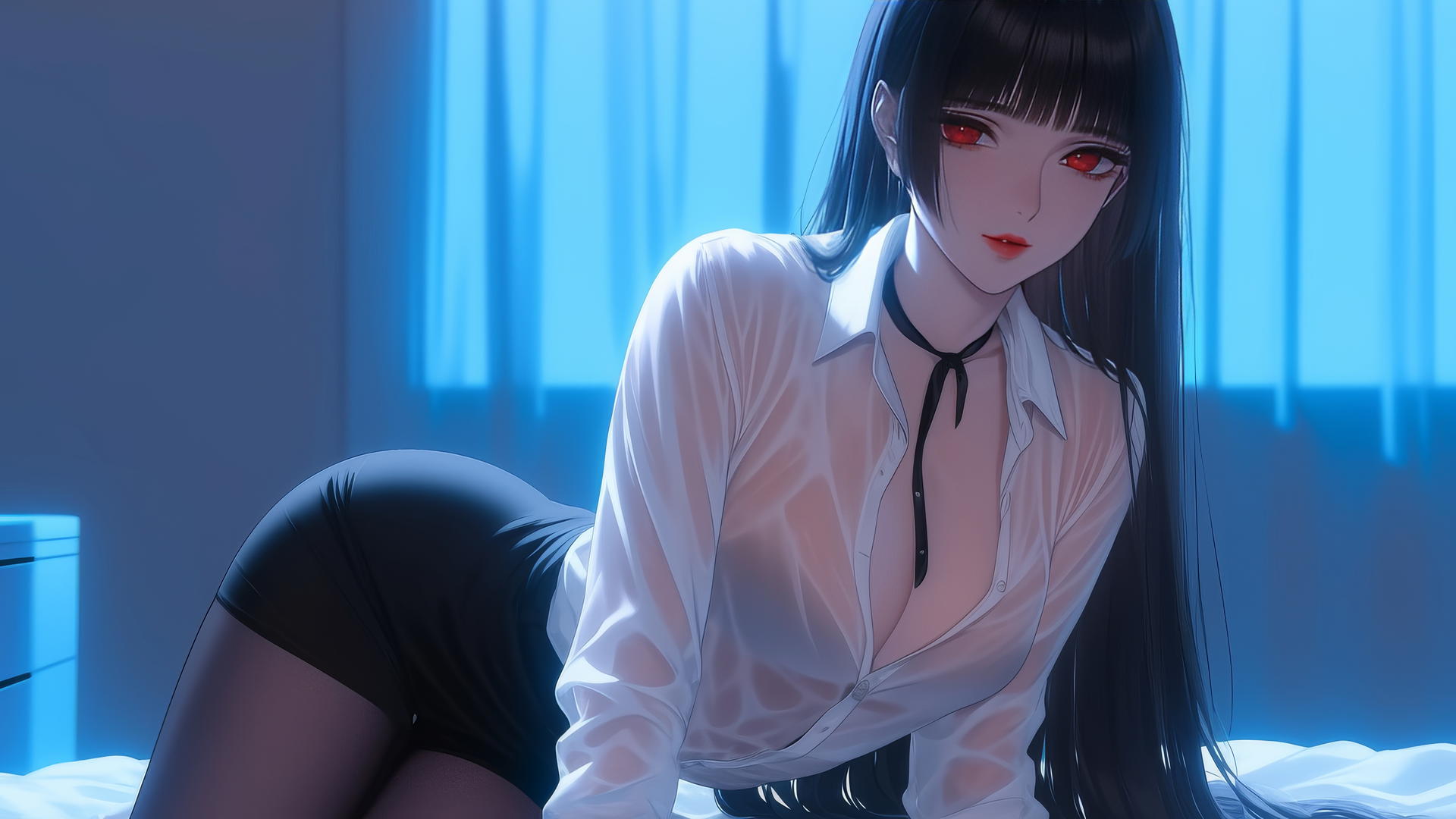Yumeko Jabami kneeling in a modern hotel room.