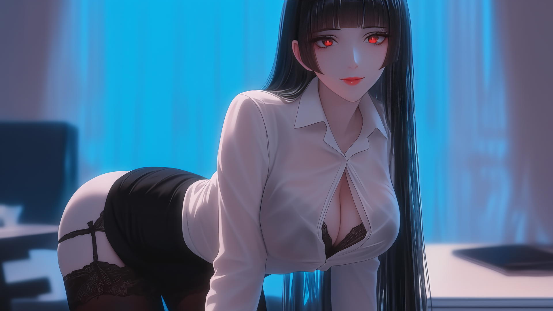 Yumeko Jabami kneeling in modern hotel room
