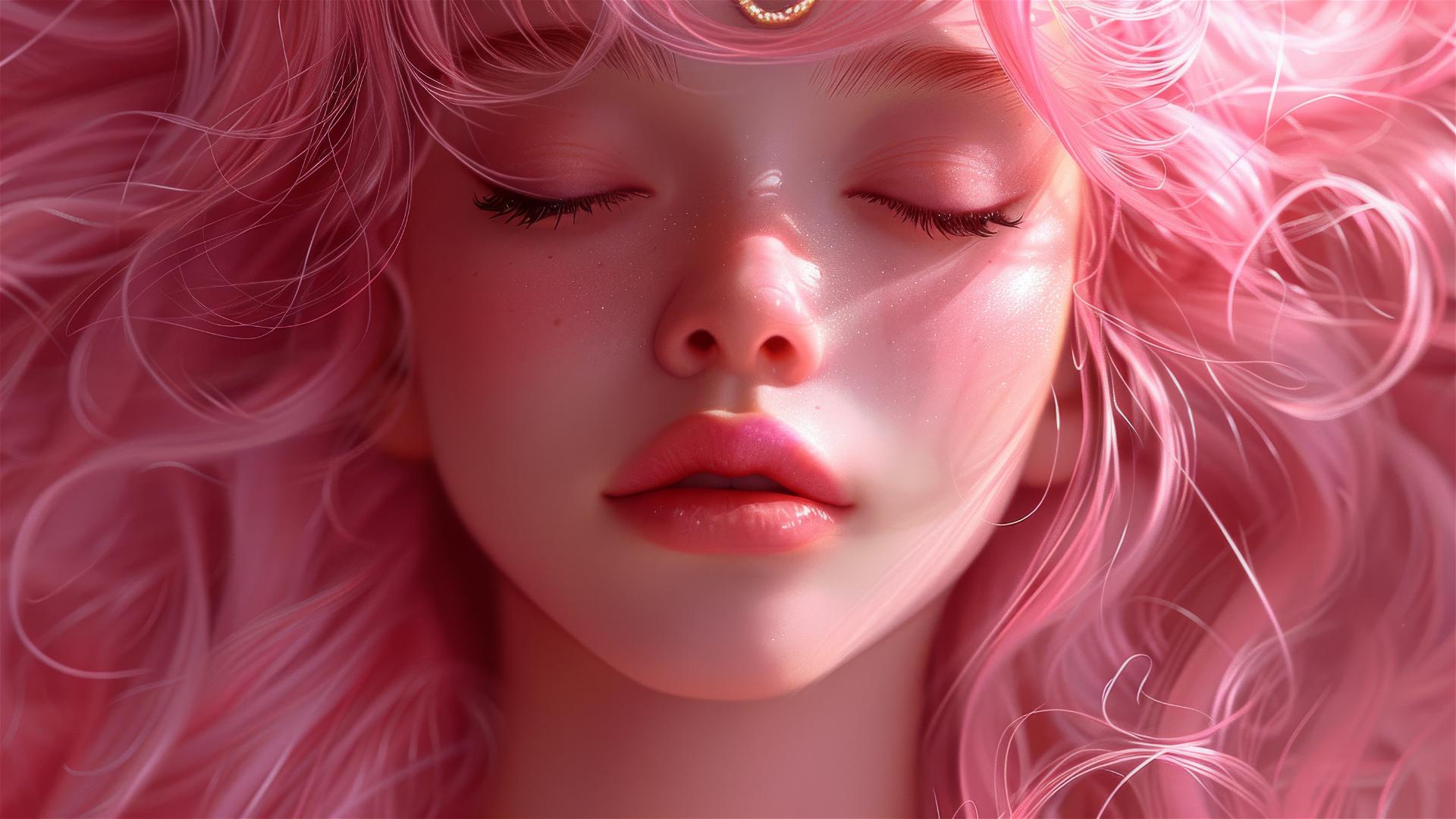 1980s anime style girl with long pink hair and beautiful eyes, soft colors