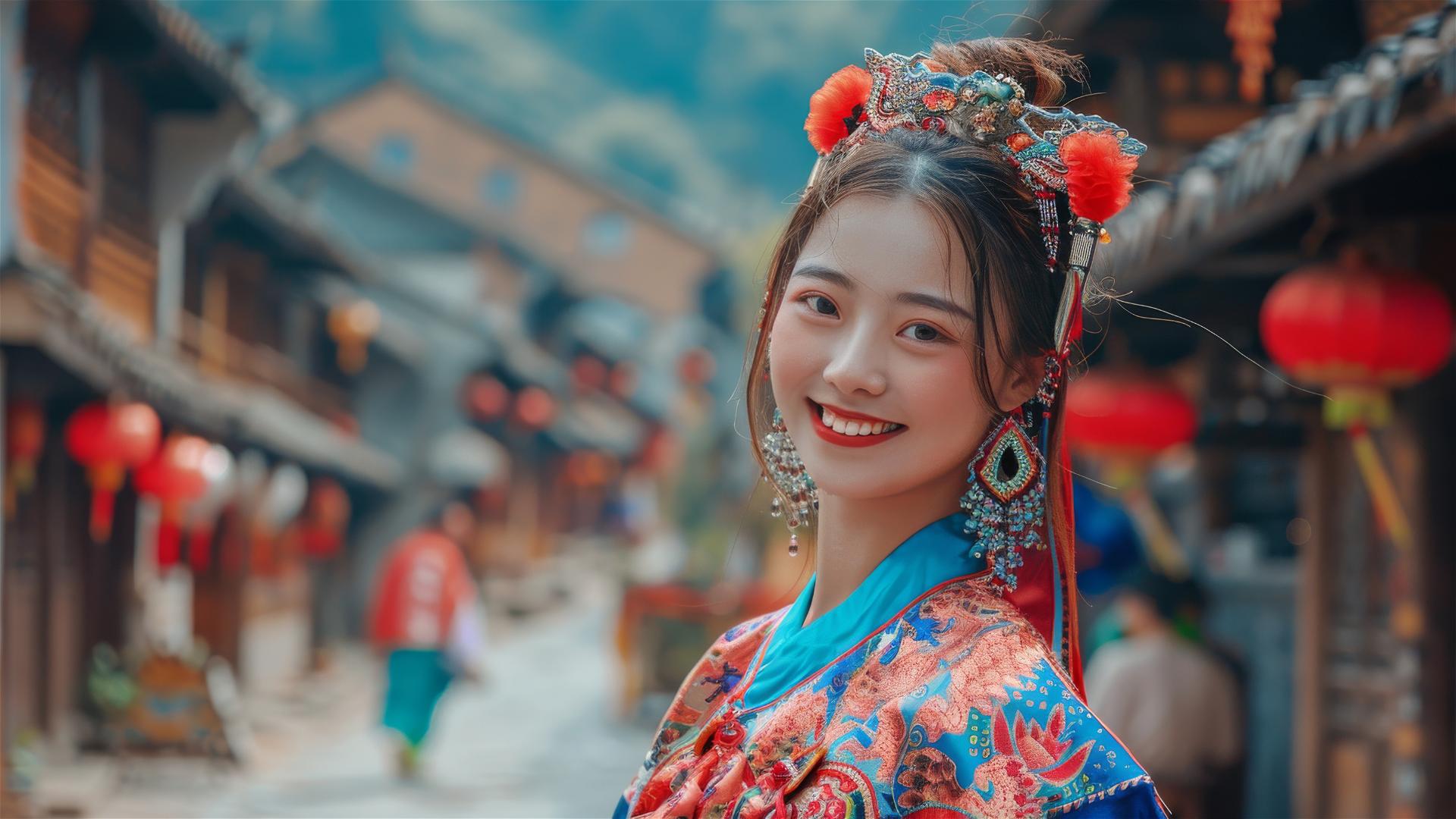 Ni Ni smiling in red and blue Zhuang attire, small town background, by Chen Man
