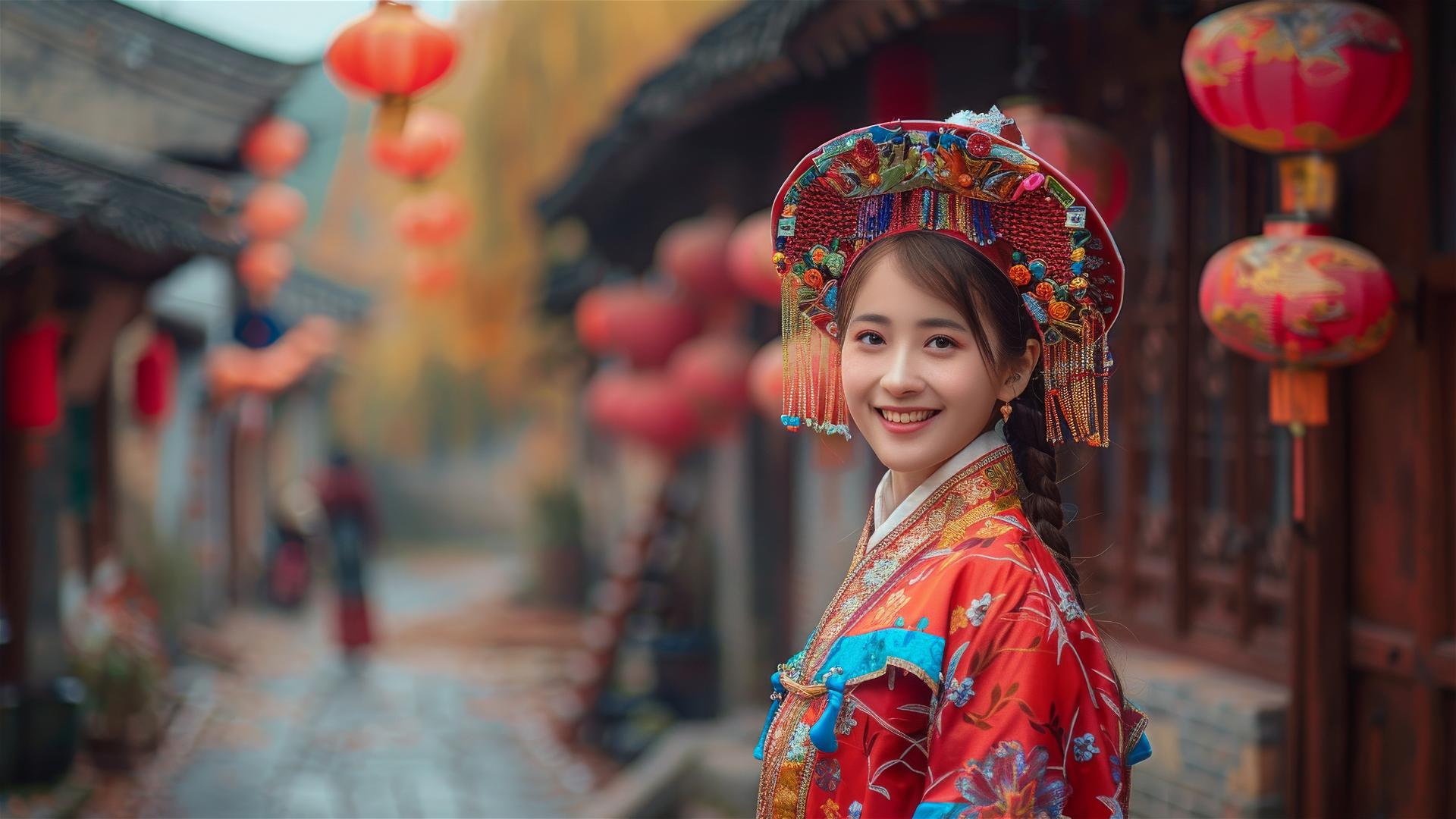 Ni Ni smiling in red and blue Zhuang attire, small town background, photo by Chen Man