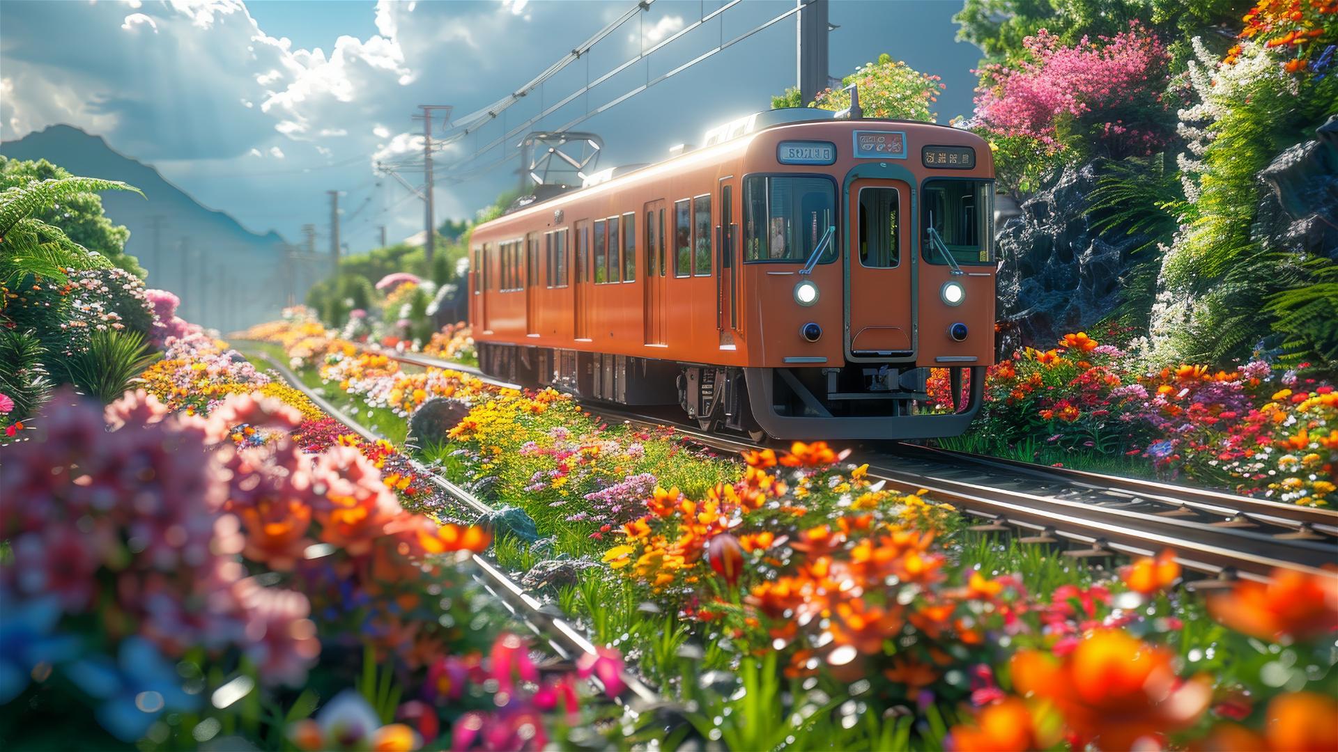 Cartoon metro on green grass with flowers, in Miyazaki style.
