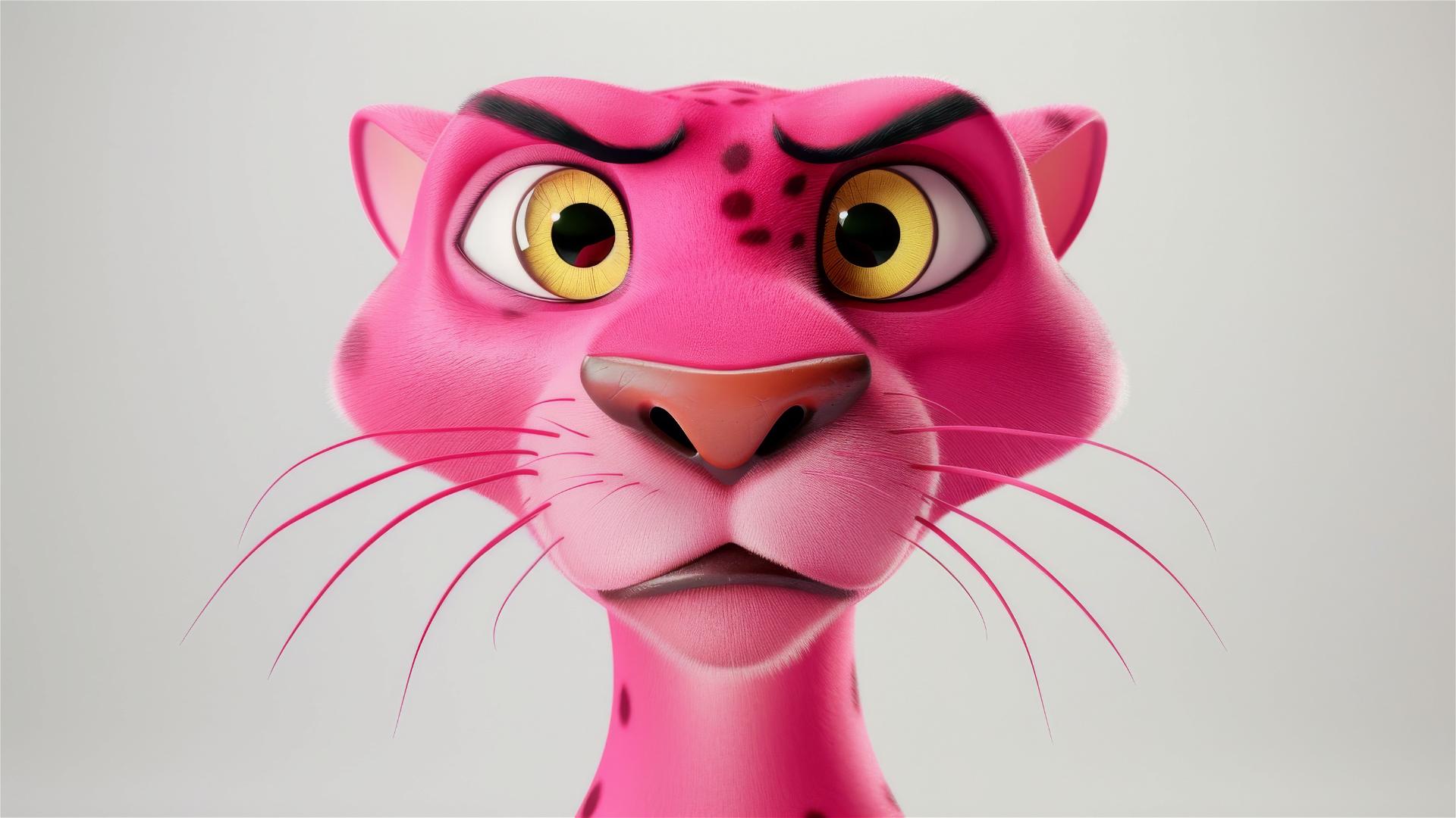 3D Pink Panther with yellow eyes, white background