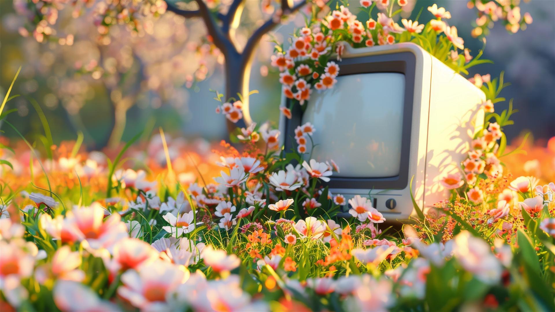 White computer with flowers and grass in clay sculpture, kawaii style.