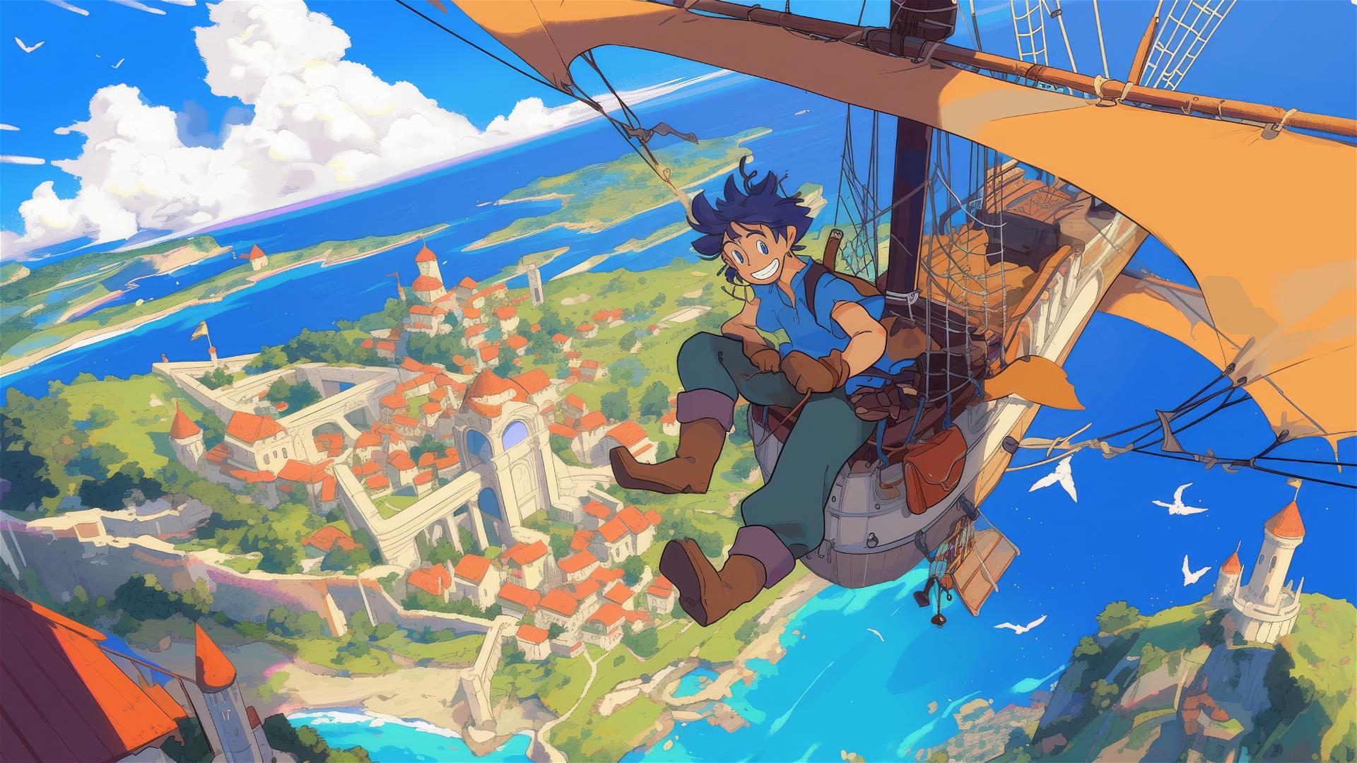 Ghibli-style airship flying over landscapes and oceans.