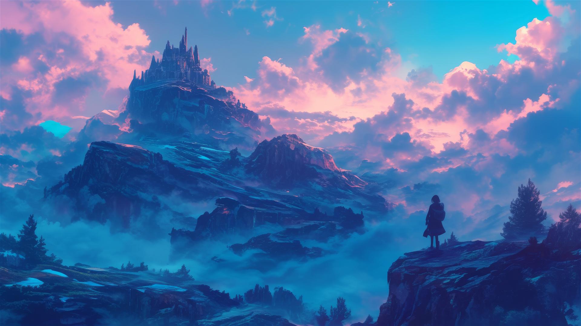 Ghibli-style anime mountain pass at dusk with travelers and spirits.