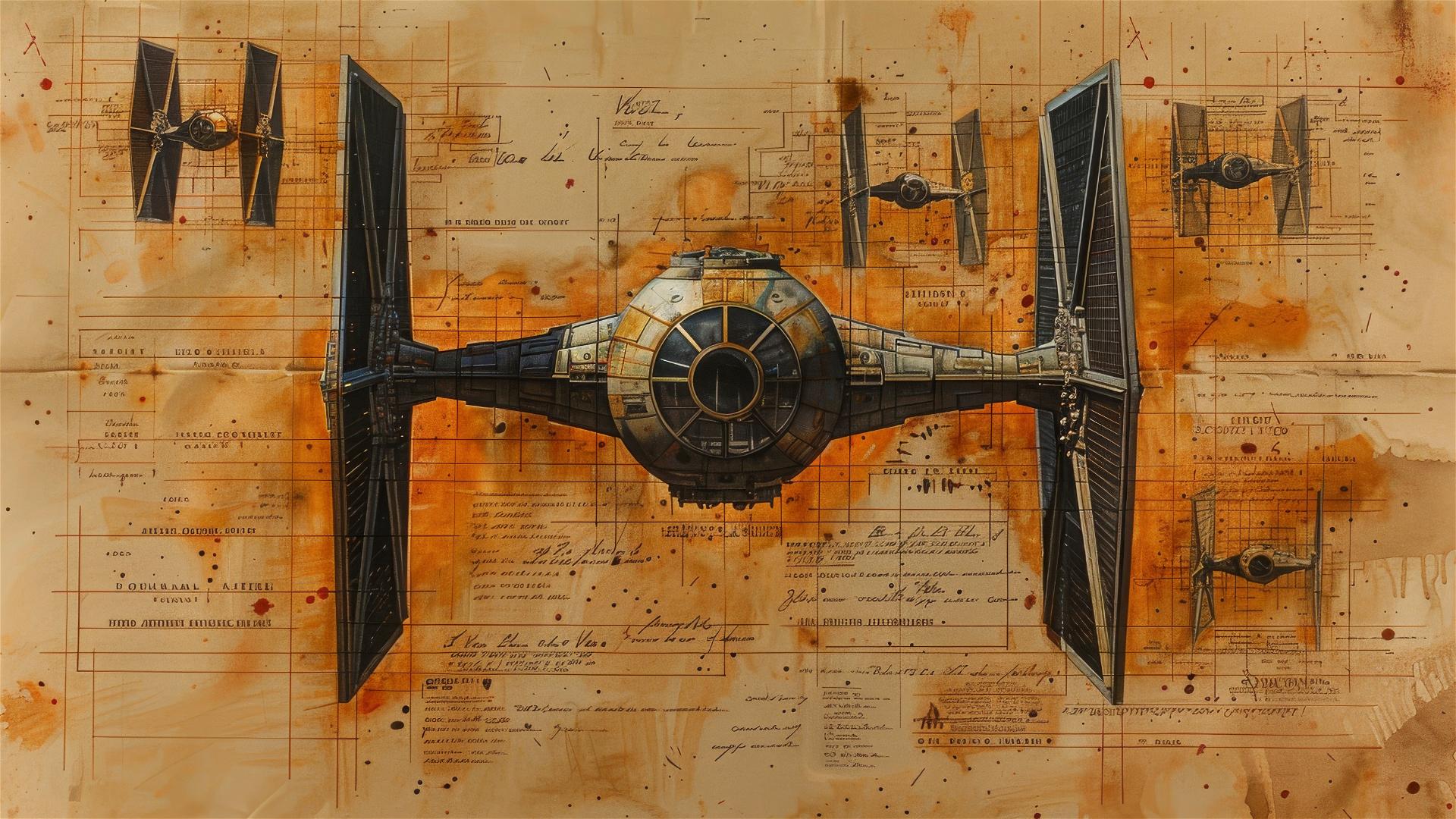Da Vinci-inspired TIE fighter sketch with Latin annotations on sepia paper.