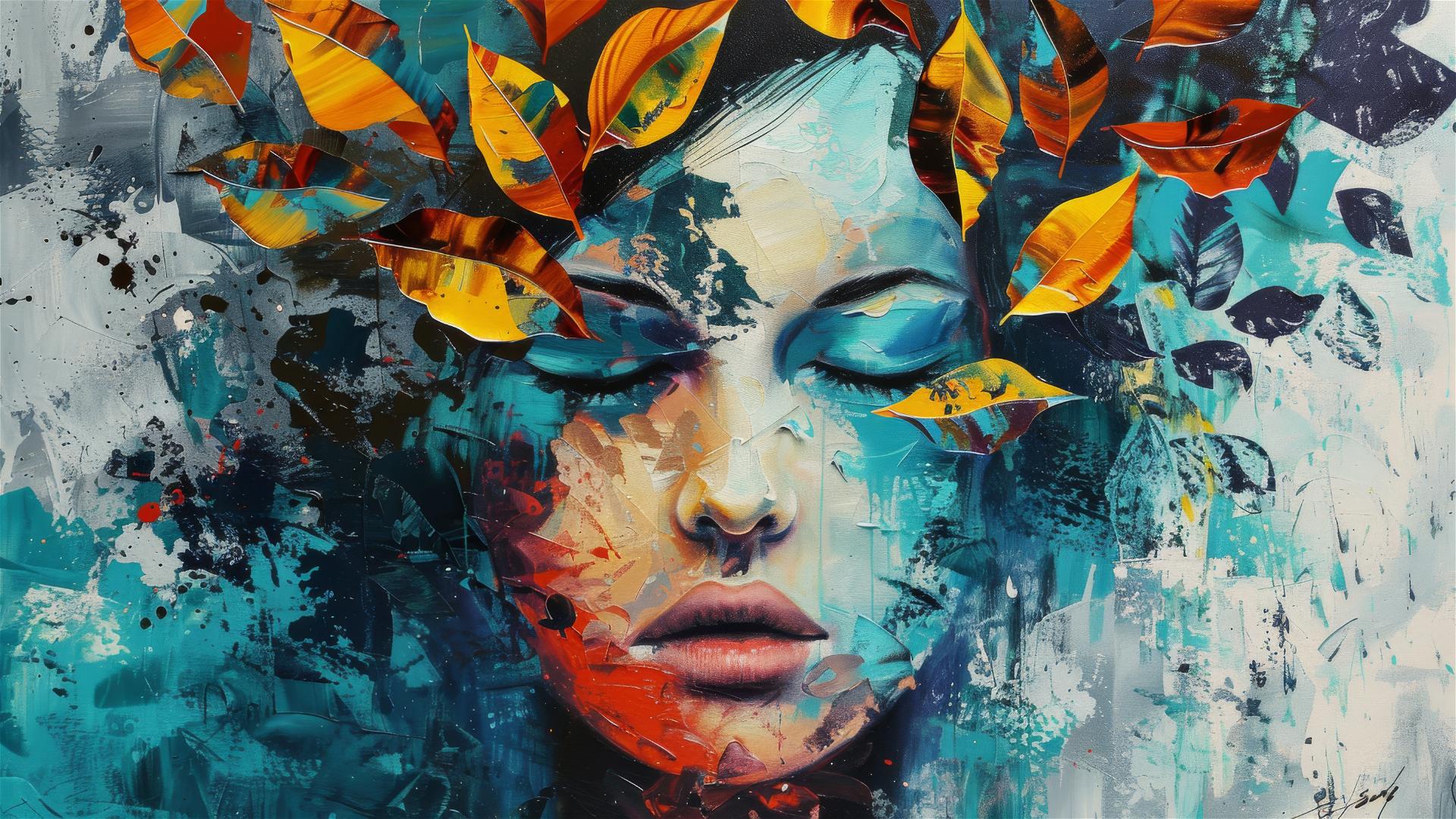 Abstract oil painting depicting a woman amidst leaves.