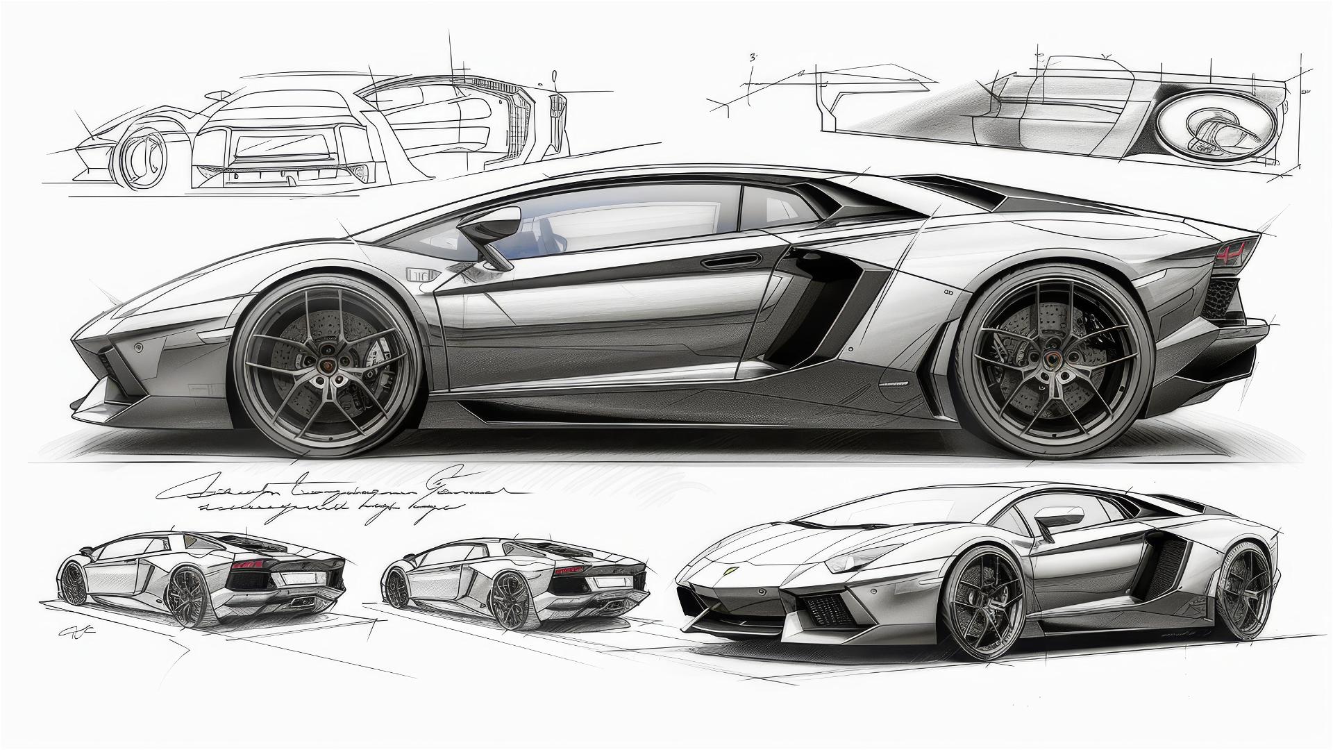 Black and white Lamborghini Aventador blueprint and sketch