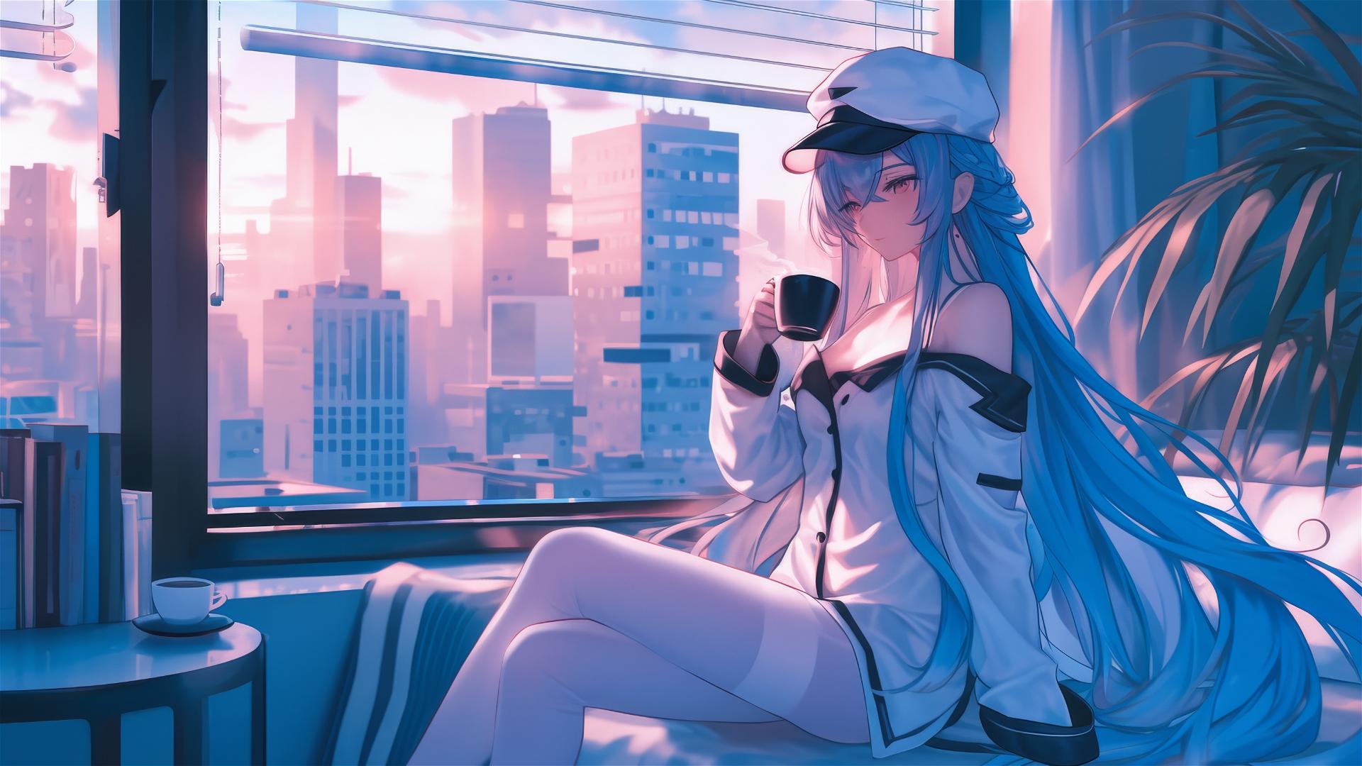 Esdeath in white silk pajamas with coffee at sunrise.