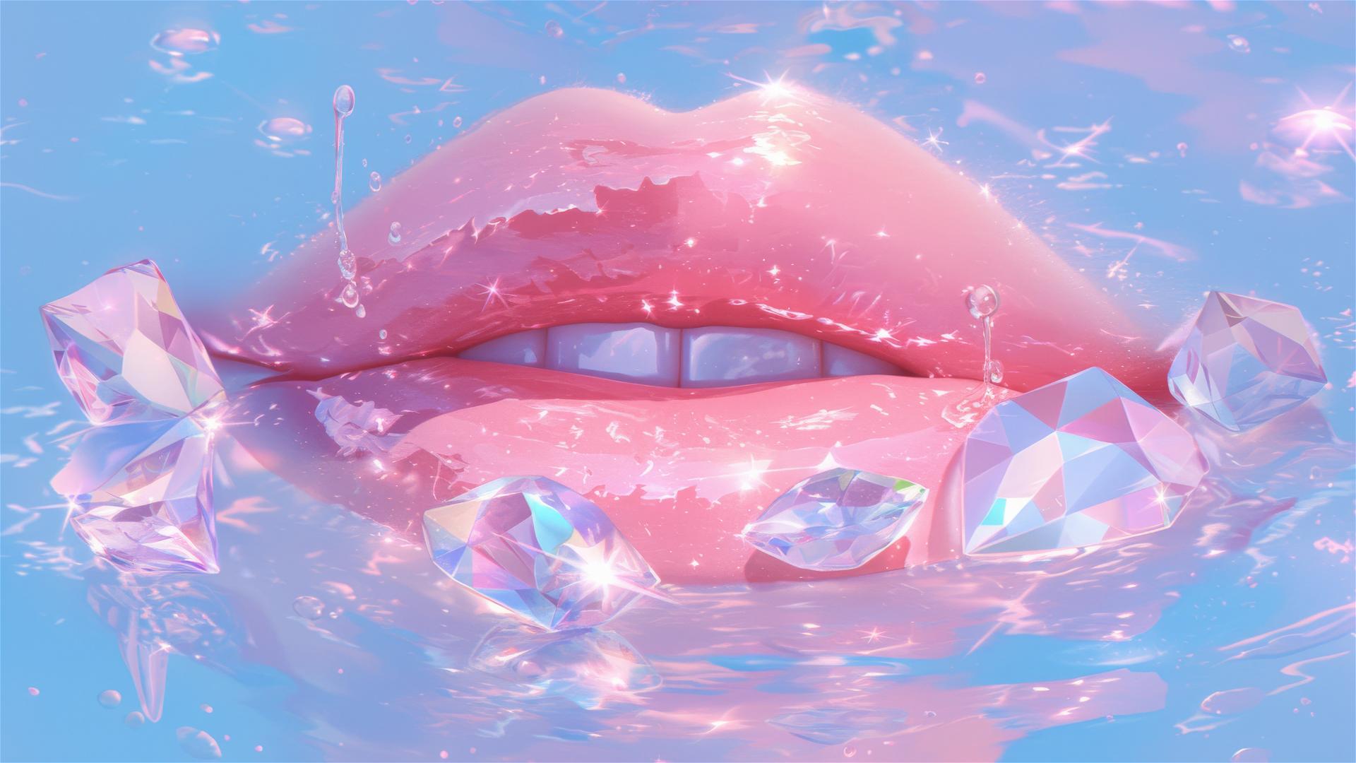 Caucasian woman's lips with pink crystals and red liquid dripping.