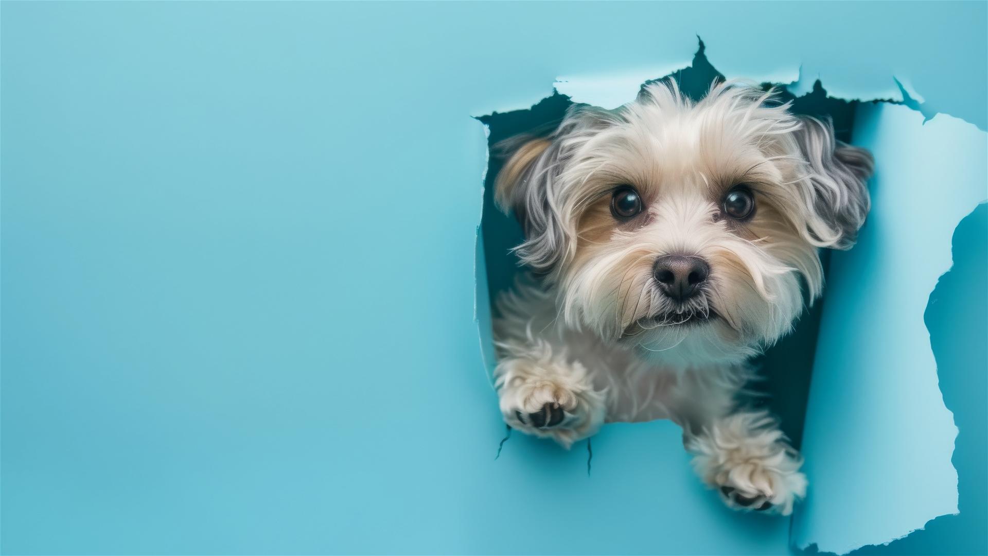 Teacup Havanese peeking through sky blue paper