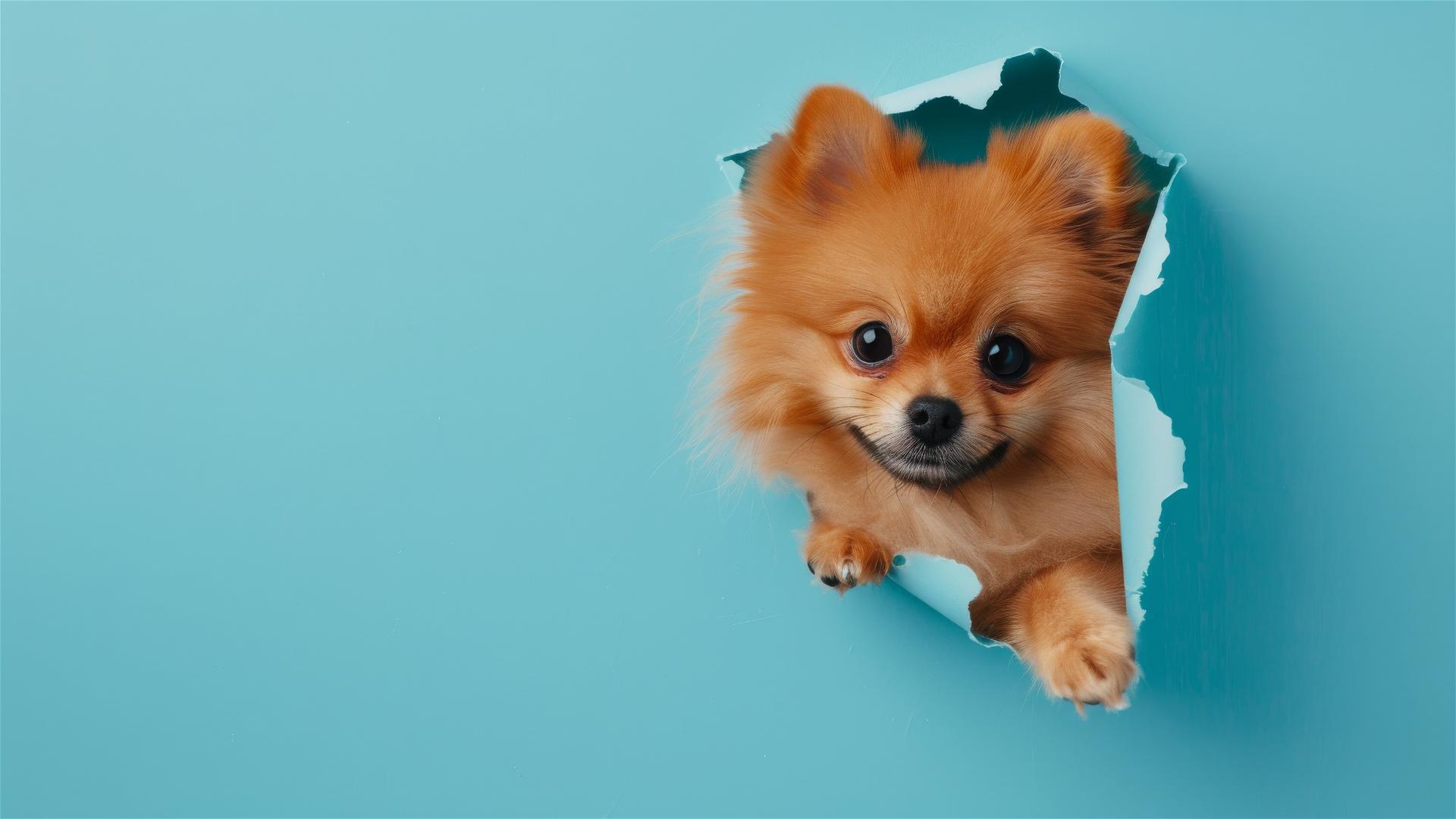 Pomeranian peeking through hole in sky blue paper