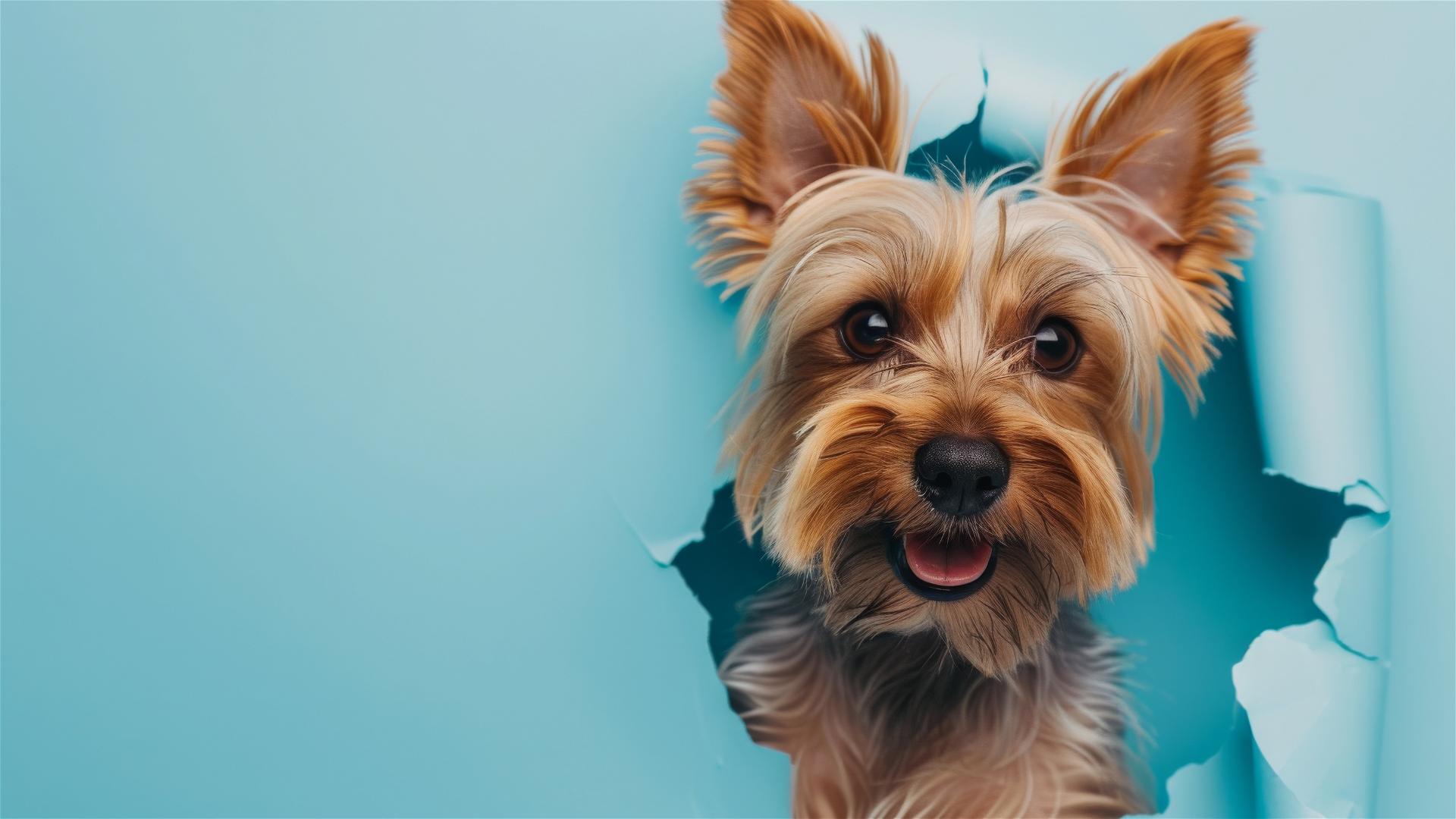 Yorkshire Terrier peeking through sky blue paper hole