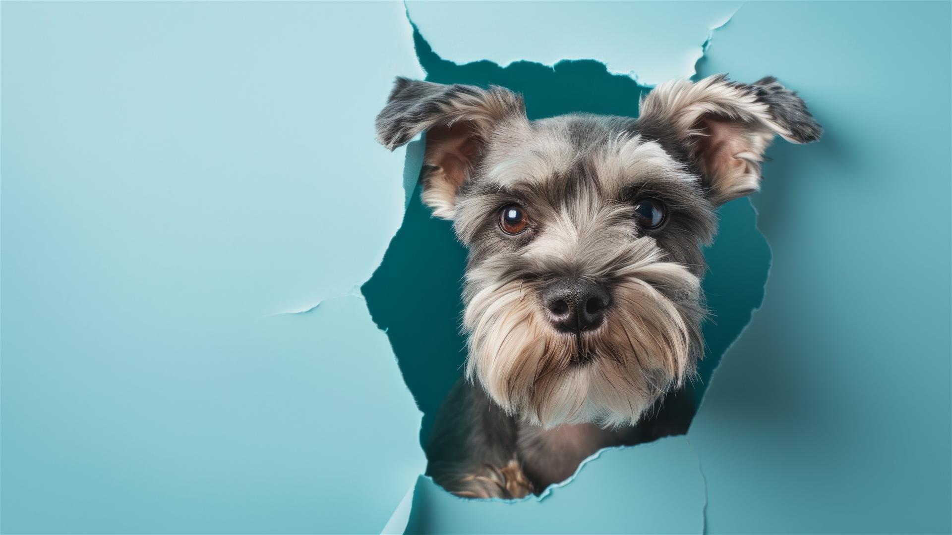 Schnauzer peeking through hole in sky blue wall