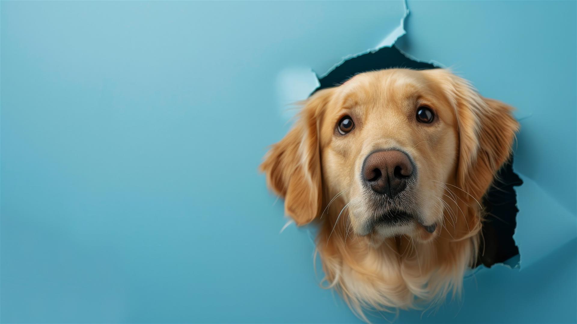 Golden Retriever peeking through hole in sky blue wall