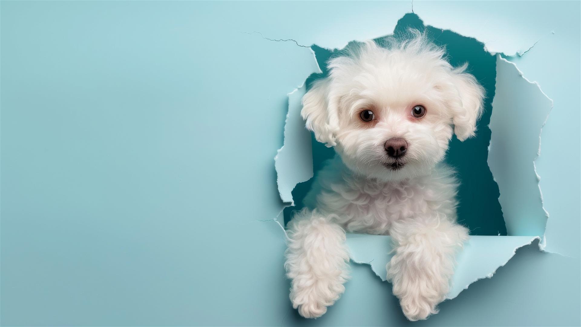 Bichon Frise peeking through a hole in sky blue paper, spring-themed
