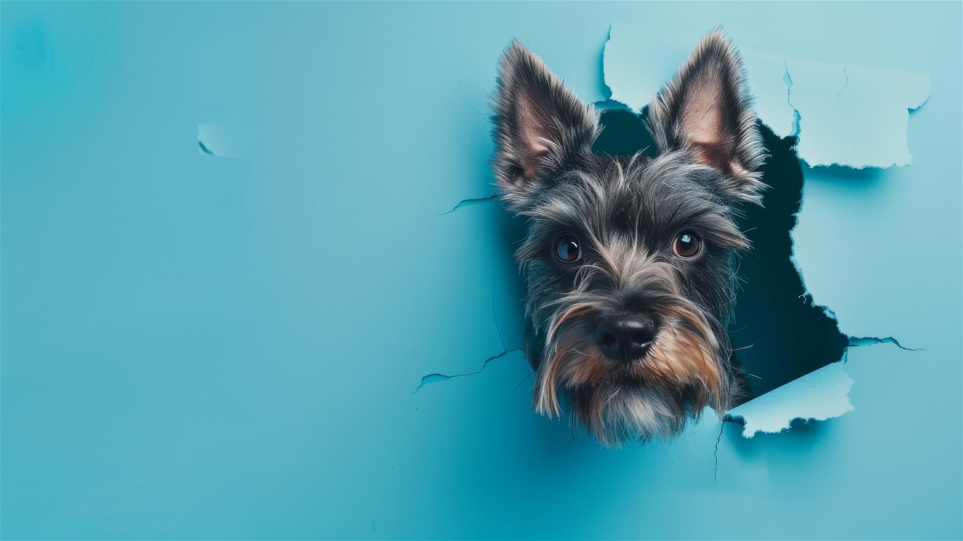 Various colors Scottish Terrier peeking through sky blue paper