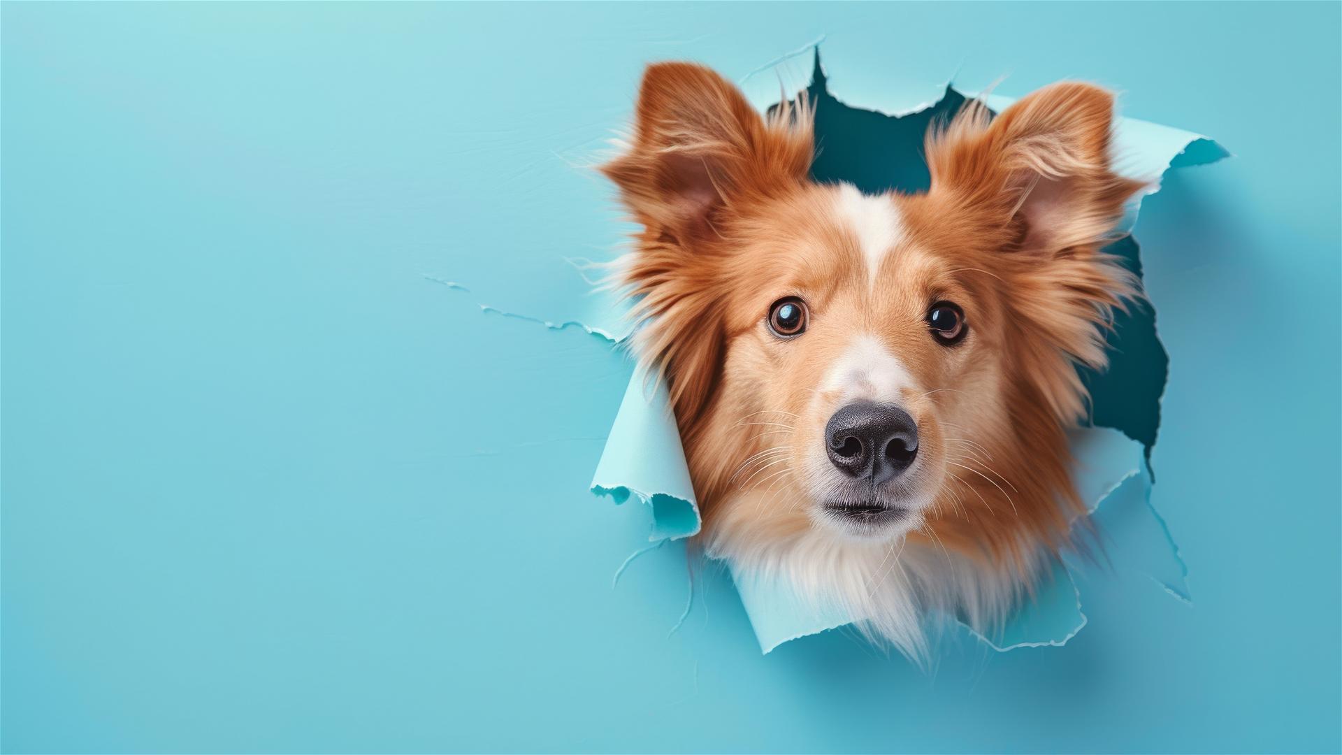 Shetland Sheepdog peeking through hole in sky blue paper wall