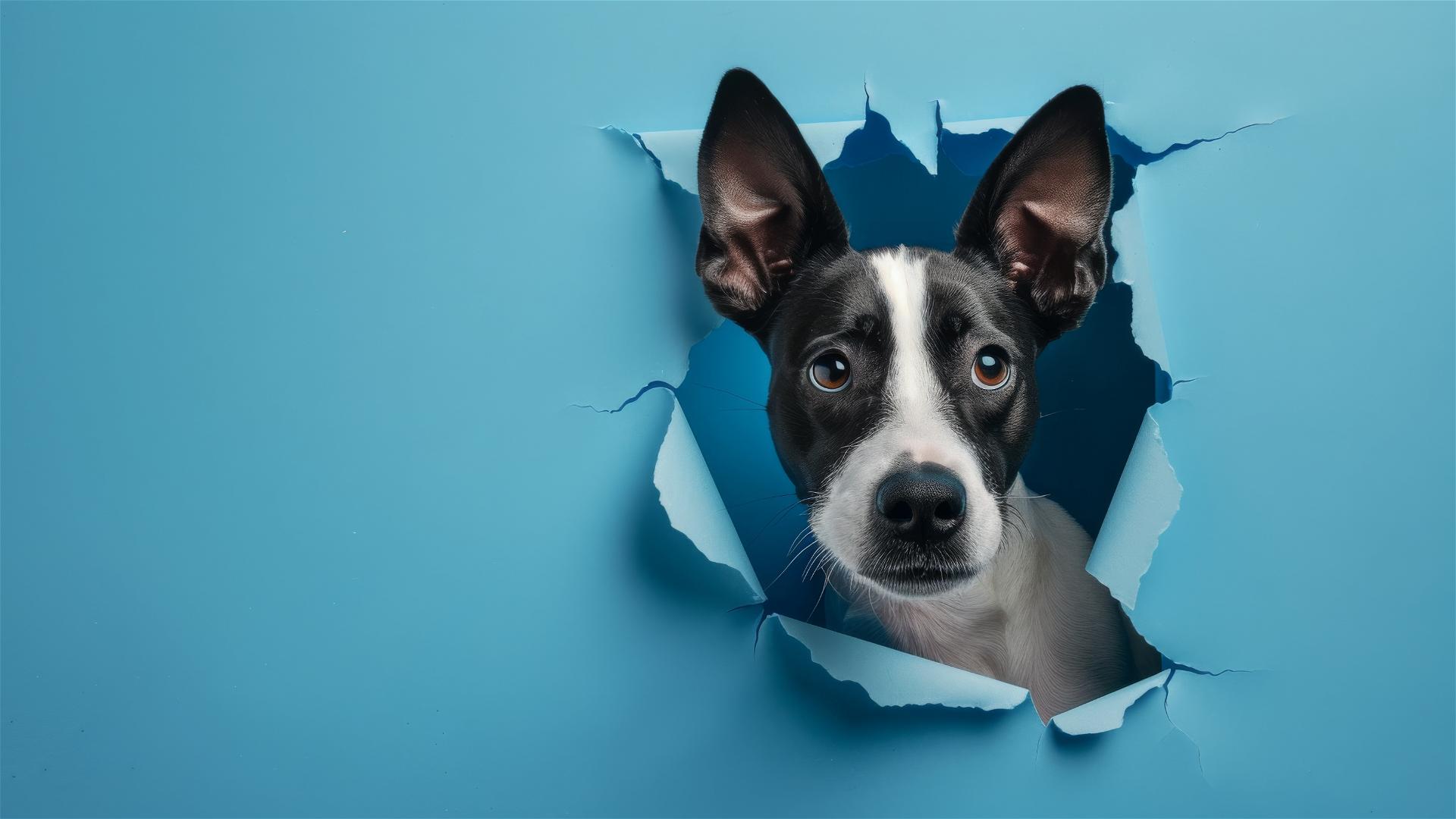 Greyhound peeks through hole in sky blue paper