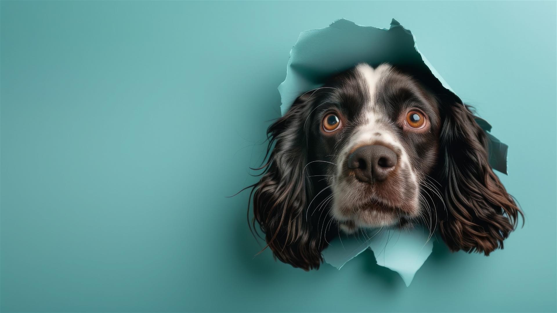 English Springer Spaniel peeking through sky blue paper