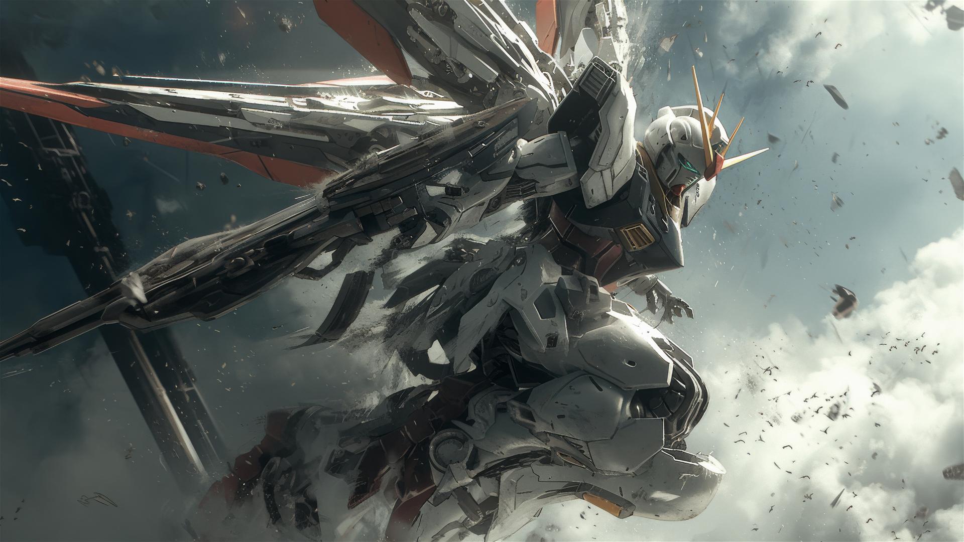 Gundam flying through the air, cinematic style of Roger Deakins