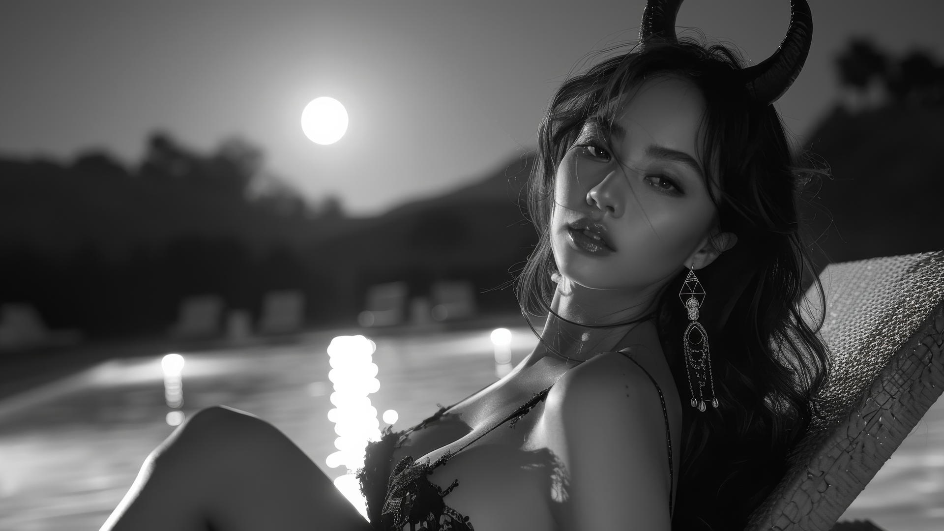 Asian female demon with horns beside pool in moonlight