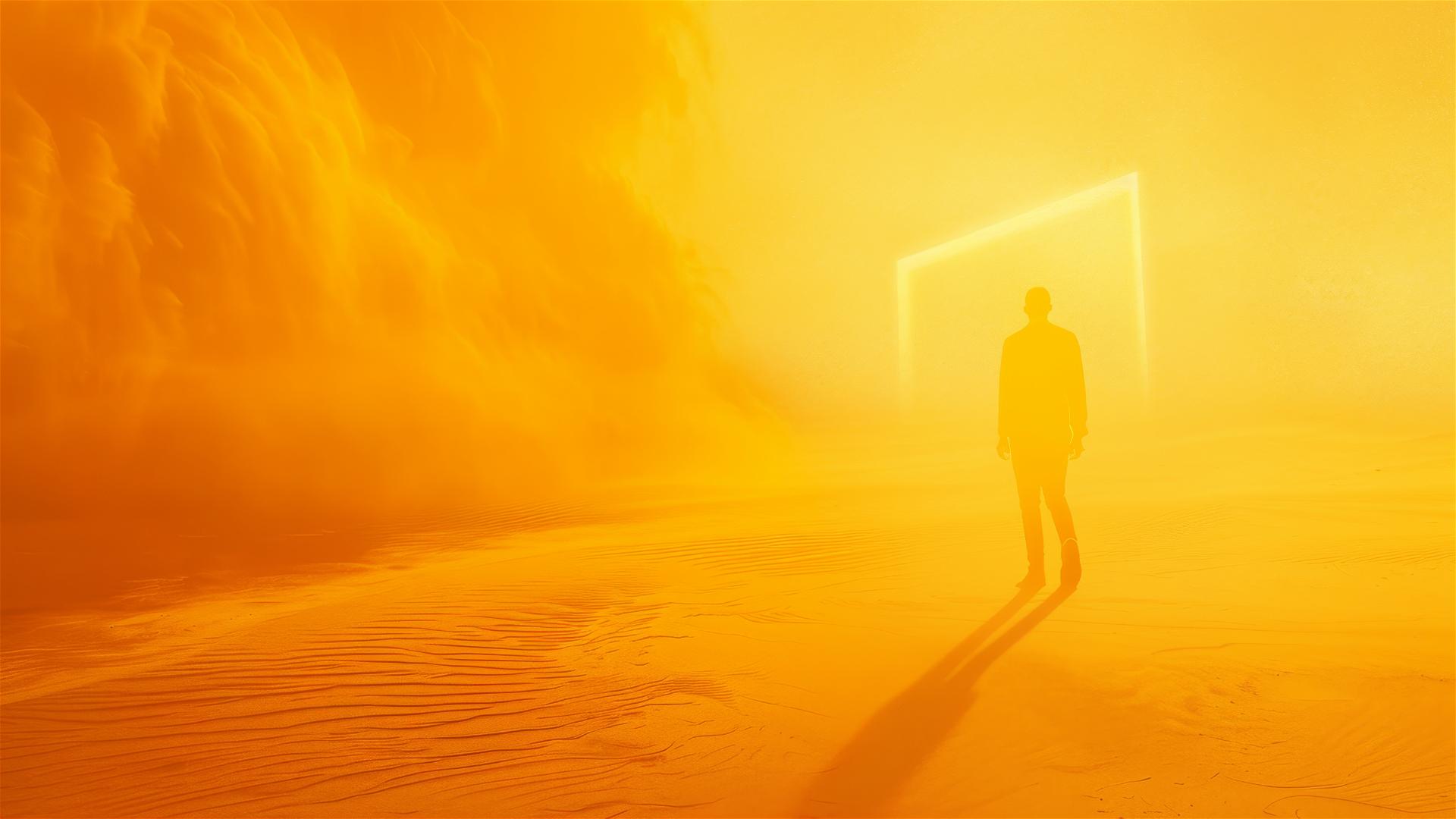 Angular man caught in sandstorm with neon lighting