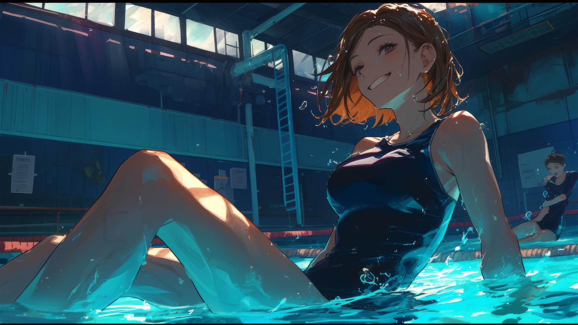 Nobara Kugisaki from Jujutsu Kaisen swimming in a pool under moonlight