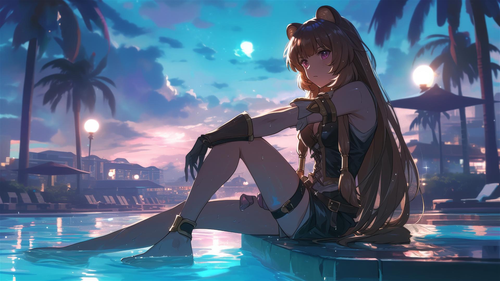 Raphtalia resting by pool with moonlight