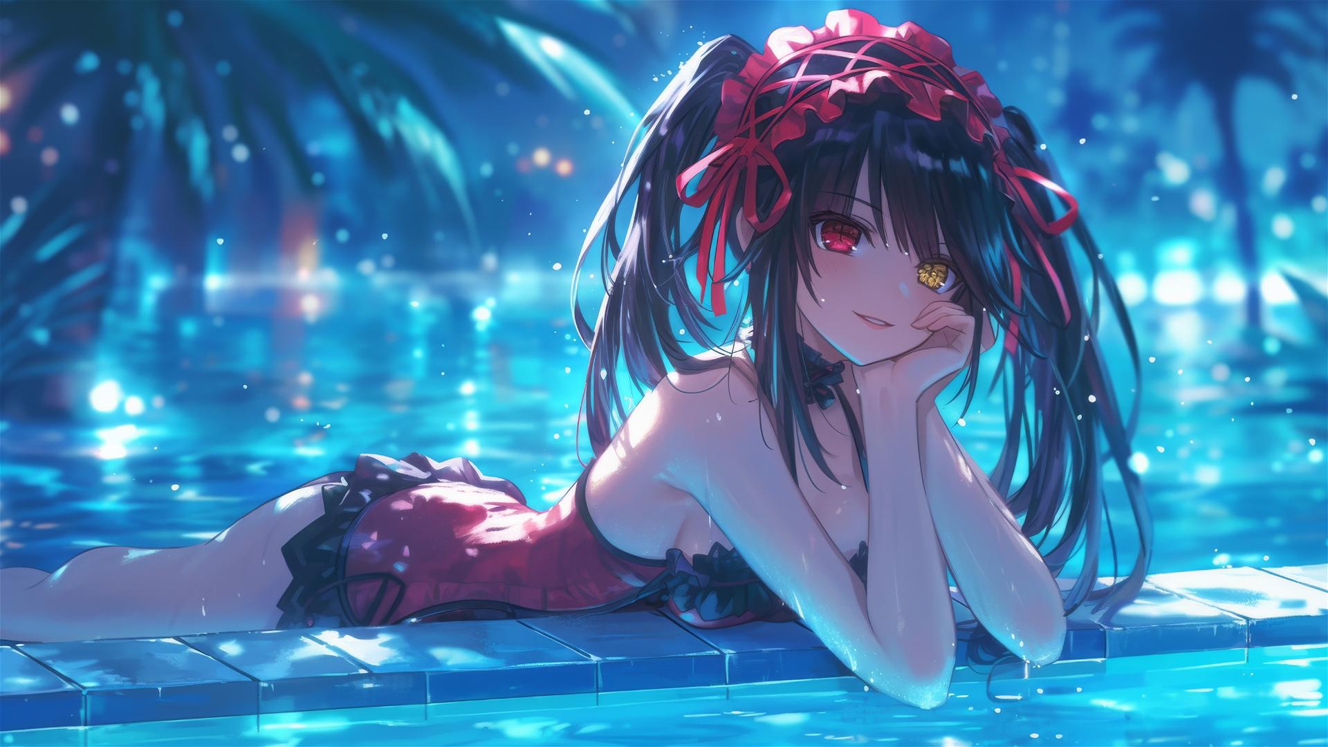 Kurumi Tokisaki from Date A Live by the pool in moonlight