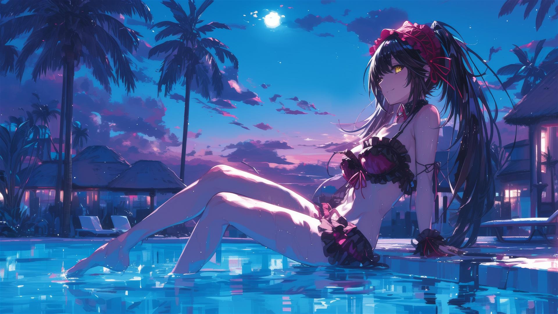 Kurumi Tokisaki swimming under moonlight in a pool