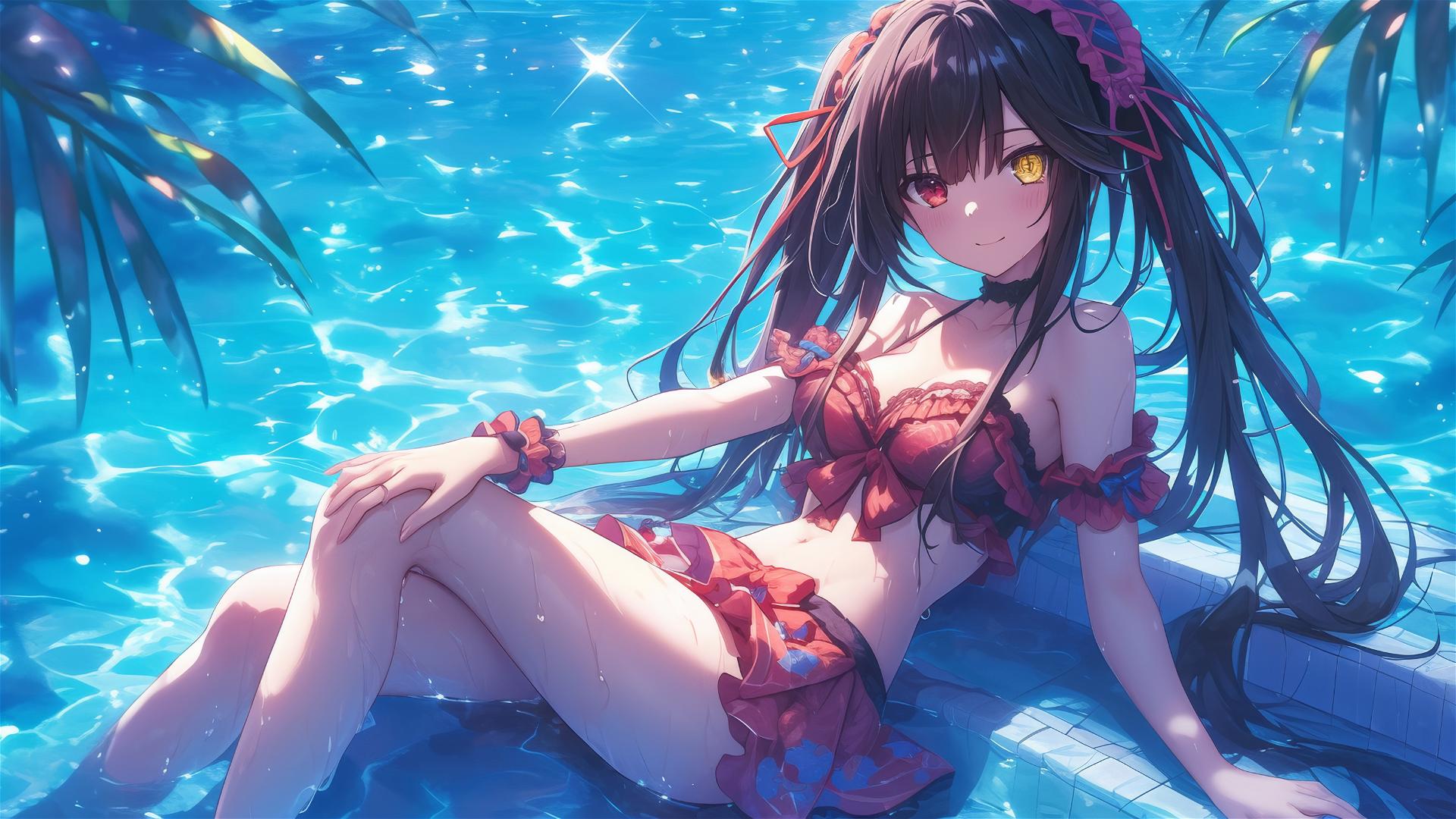 Kurumi Tokisaki resting by the pool under moonlight