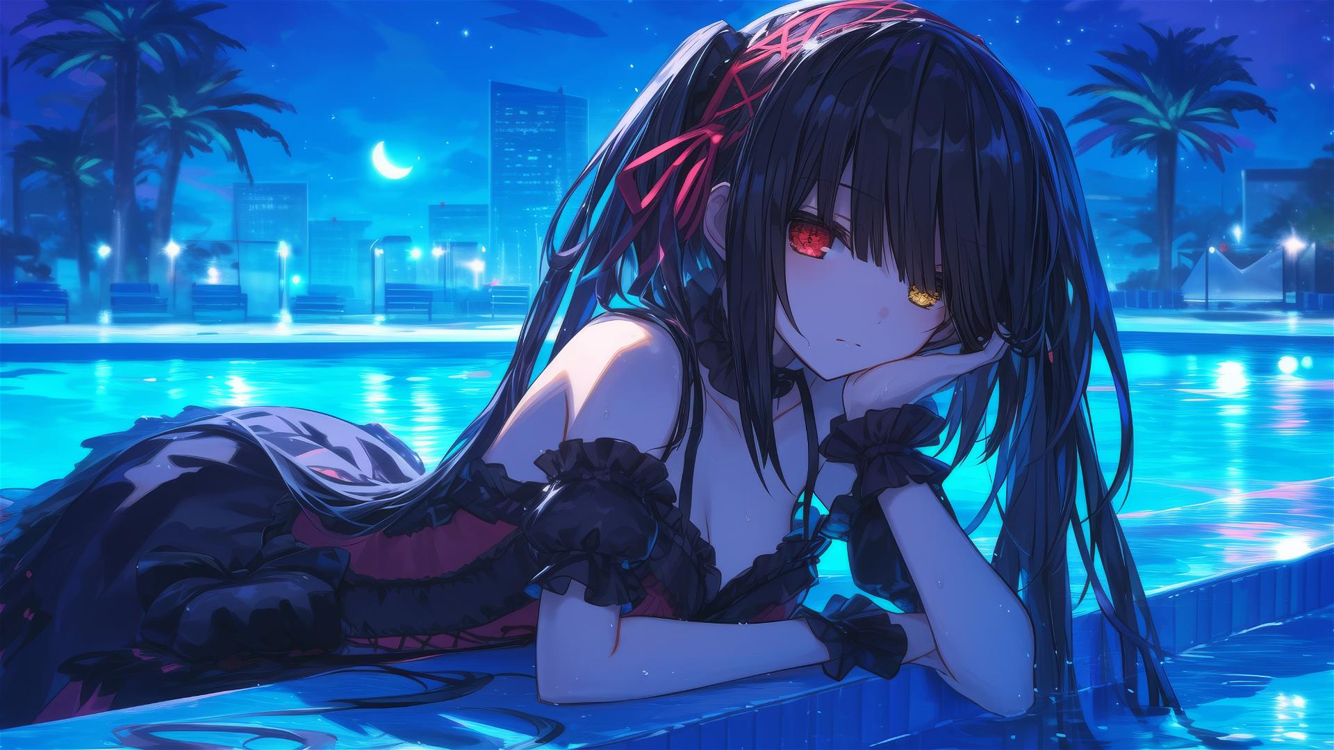 Kurumi Tokisaki by poolside under moonlight
