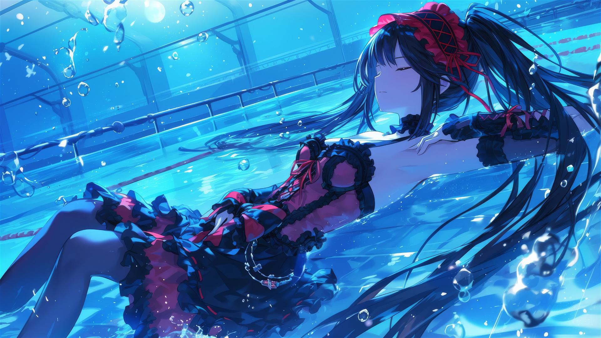Kurumi Tokisaki from Date A Live by the pool under moonlight