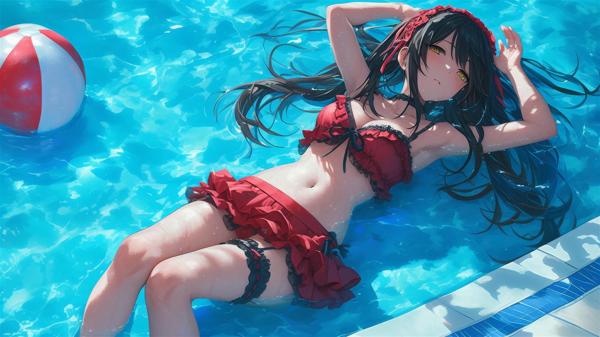 Kurumi Tokisaki from Date A Live resting by a pool under moonlight