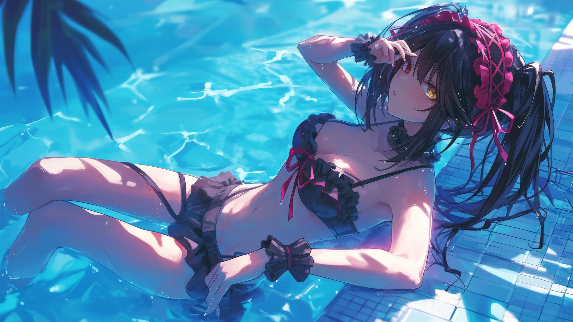 Kurumi Tokisaki resting by the pool under moonlight