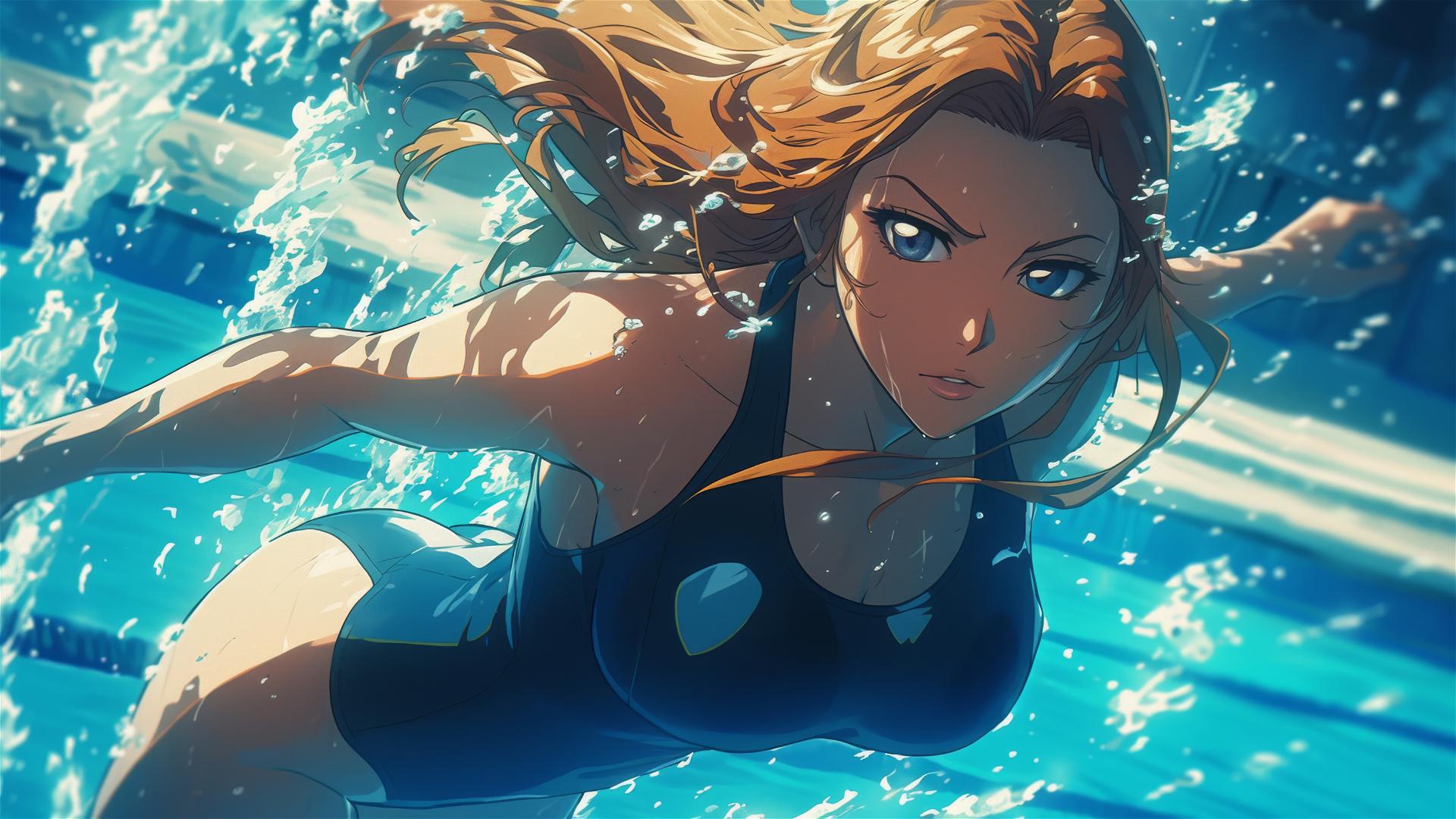 Rangiku Matsumoto swimming under moonlight in pool