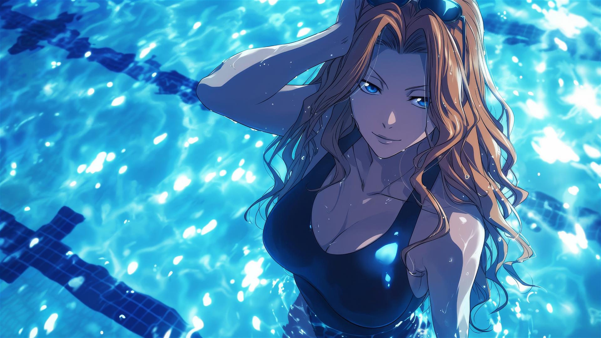 Rangiku Matsumoto from Bleach in the pool under moonlight