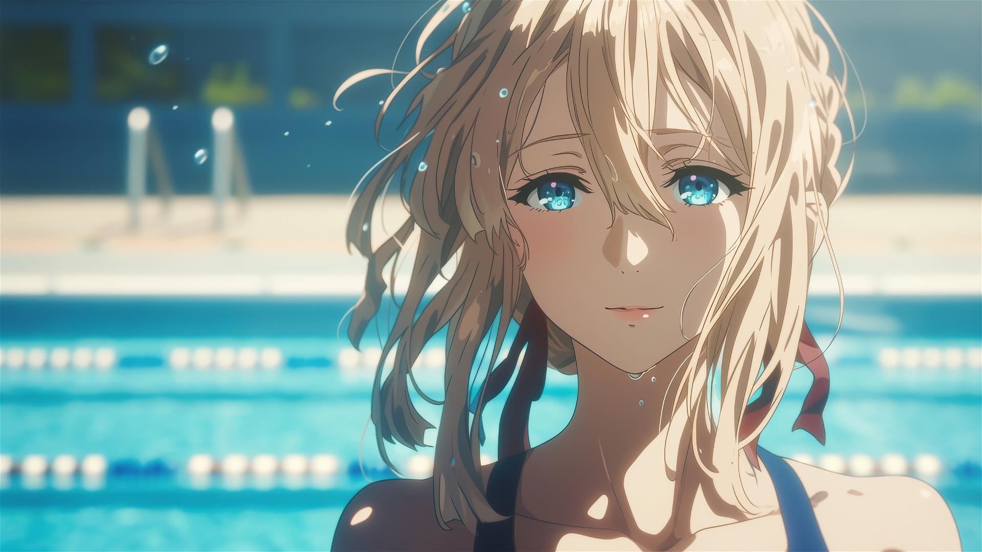 4k HD Wallpaper: Moonlit Poolside with Violet Evergarden