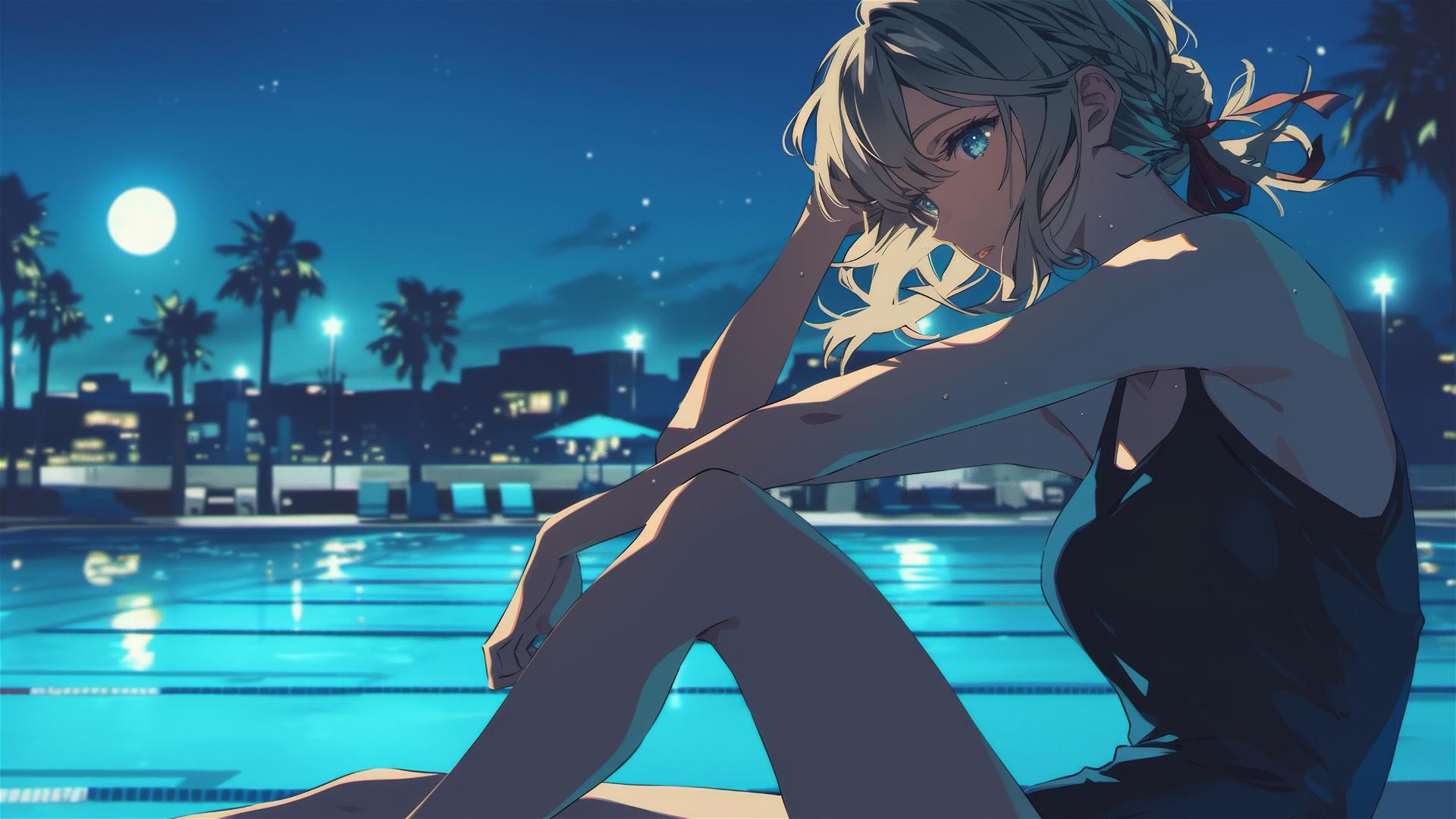 Violet Evergarden resting poolside under the moonlight