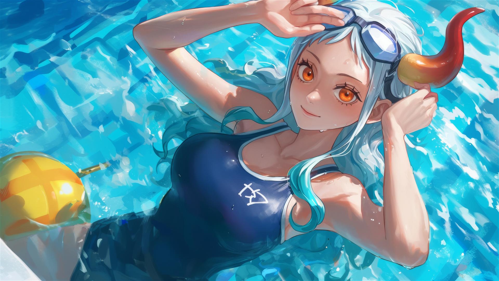 Yamato from One Piece swimming in a pool under moonlight, soft glow on her figure, orange eyes