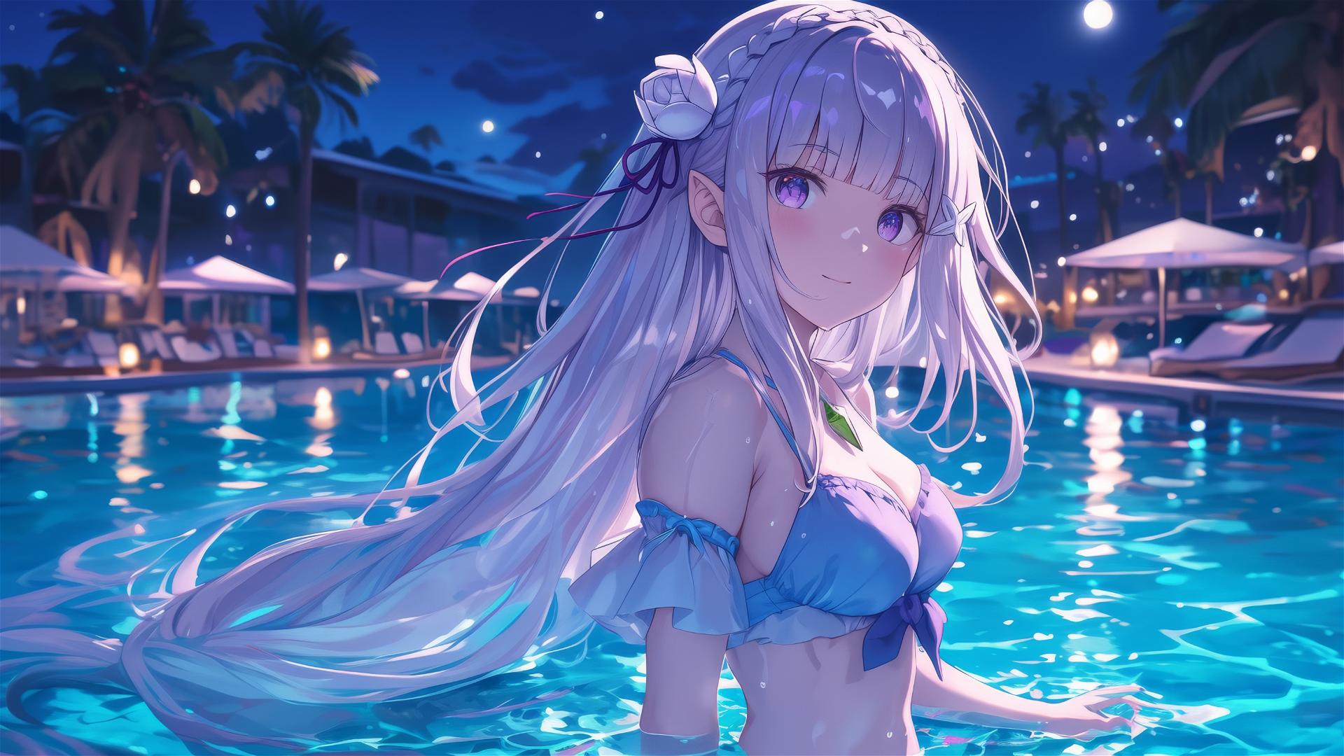 Emilia from Re:Zero standing in a pool under moonlight
